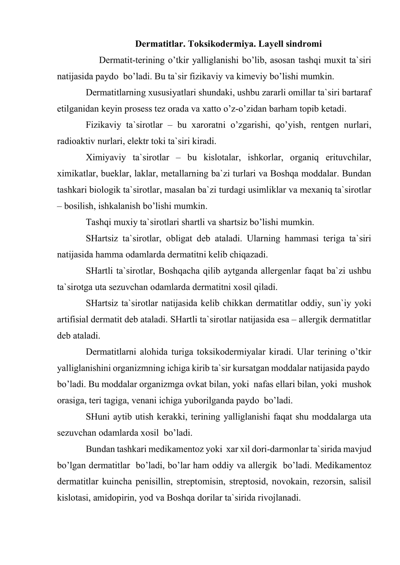 Terining allergik kasalliklari - Dermatitlar. Toksikodermiyalar. Ekzema. Tugunchali dermatozlar: Psoriaz. Qizil yassi temiratki. Neyrodermatozlar 2