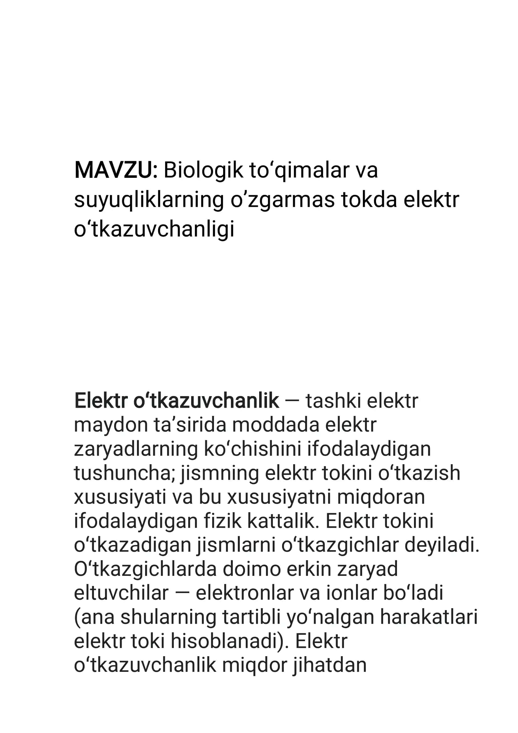 Biologik to‘qimalar va suyuqliklarning o‘zgarmas tokda elektr o‘tkazuvchanligi 2