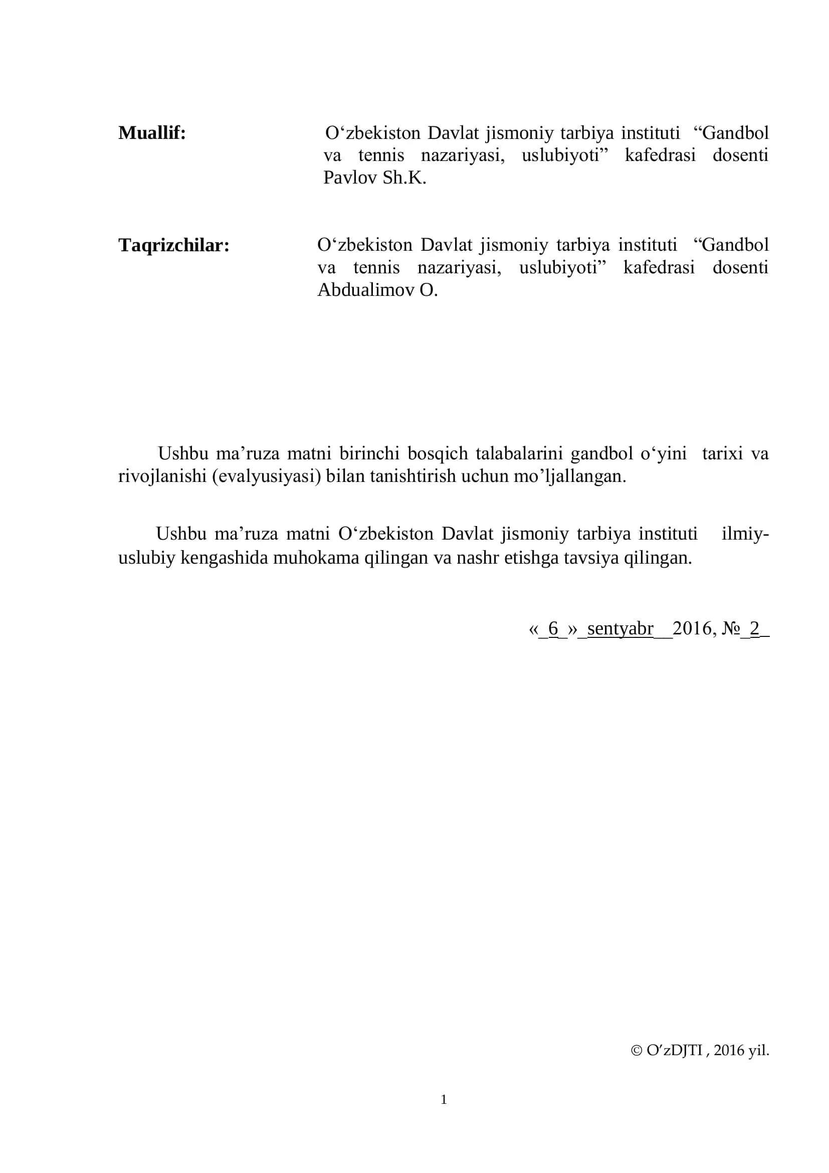 Gandbol o„yinining paydo bo„lishi va uning (evalyusiyasi) 2