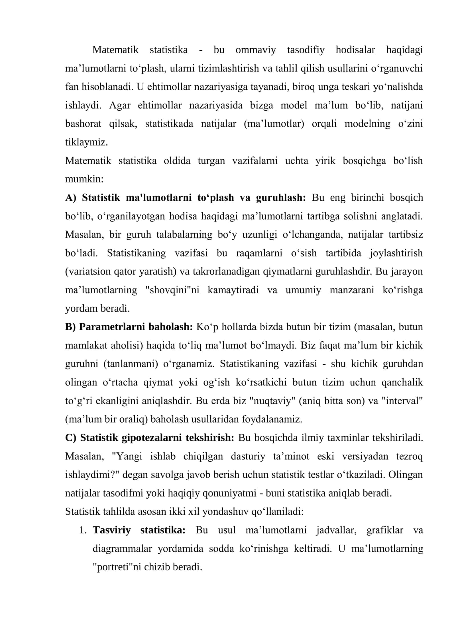 Matematik statistika va uning vazifalari. Bosh va tanlanma to‘plamalar. Tanlanmaning statistik taqsimoti, uni geometrik izohlash. Tanlanma xarakteristikalari. Nuqtaviy baho. Siljimagan, effektiv va asosli baholar 2