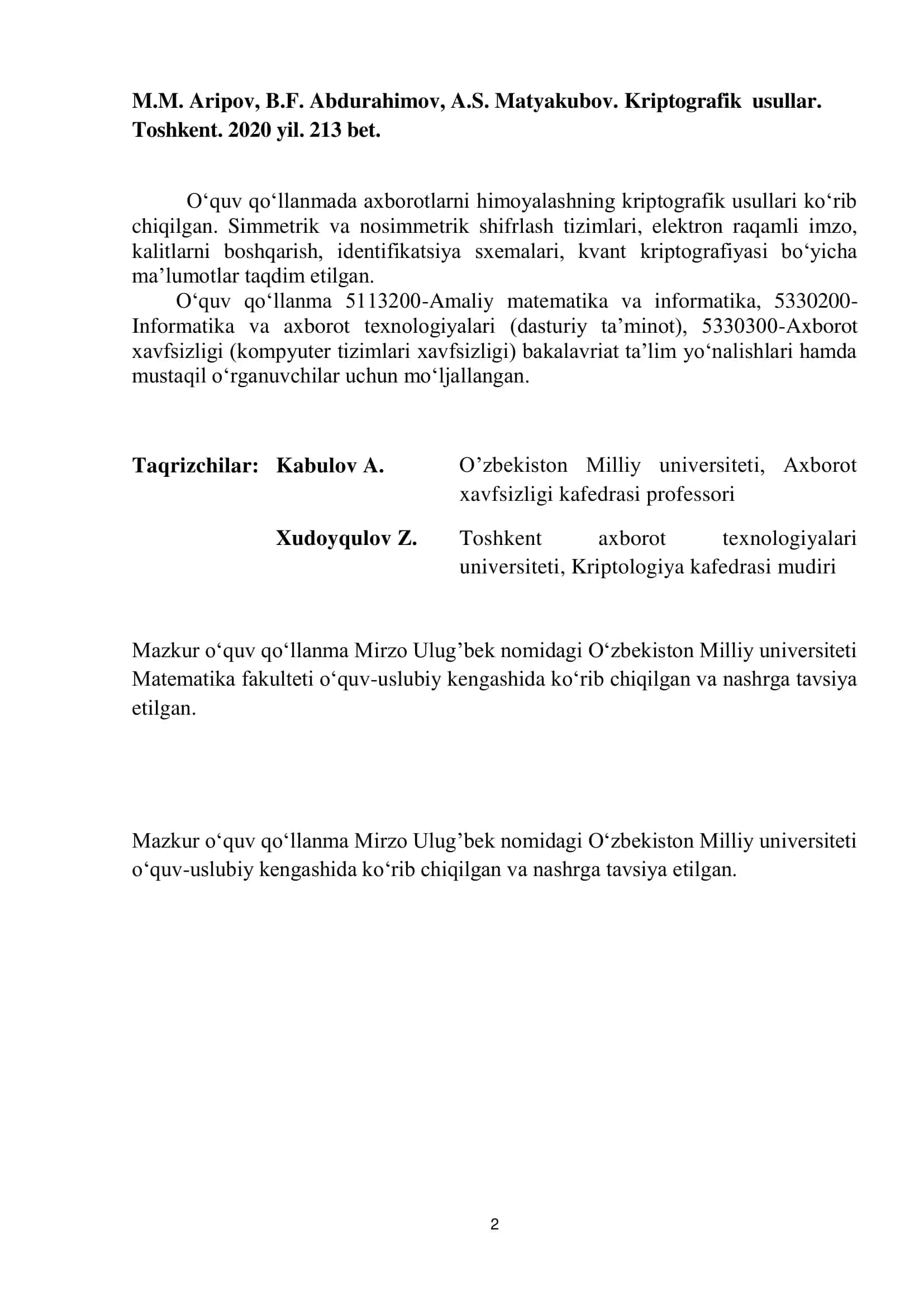 KRIPTOGRAFIK USULLAR 2
