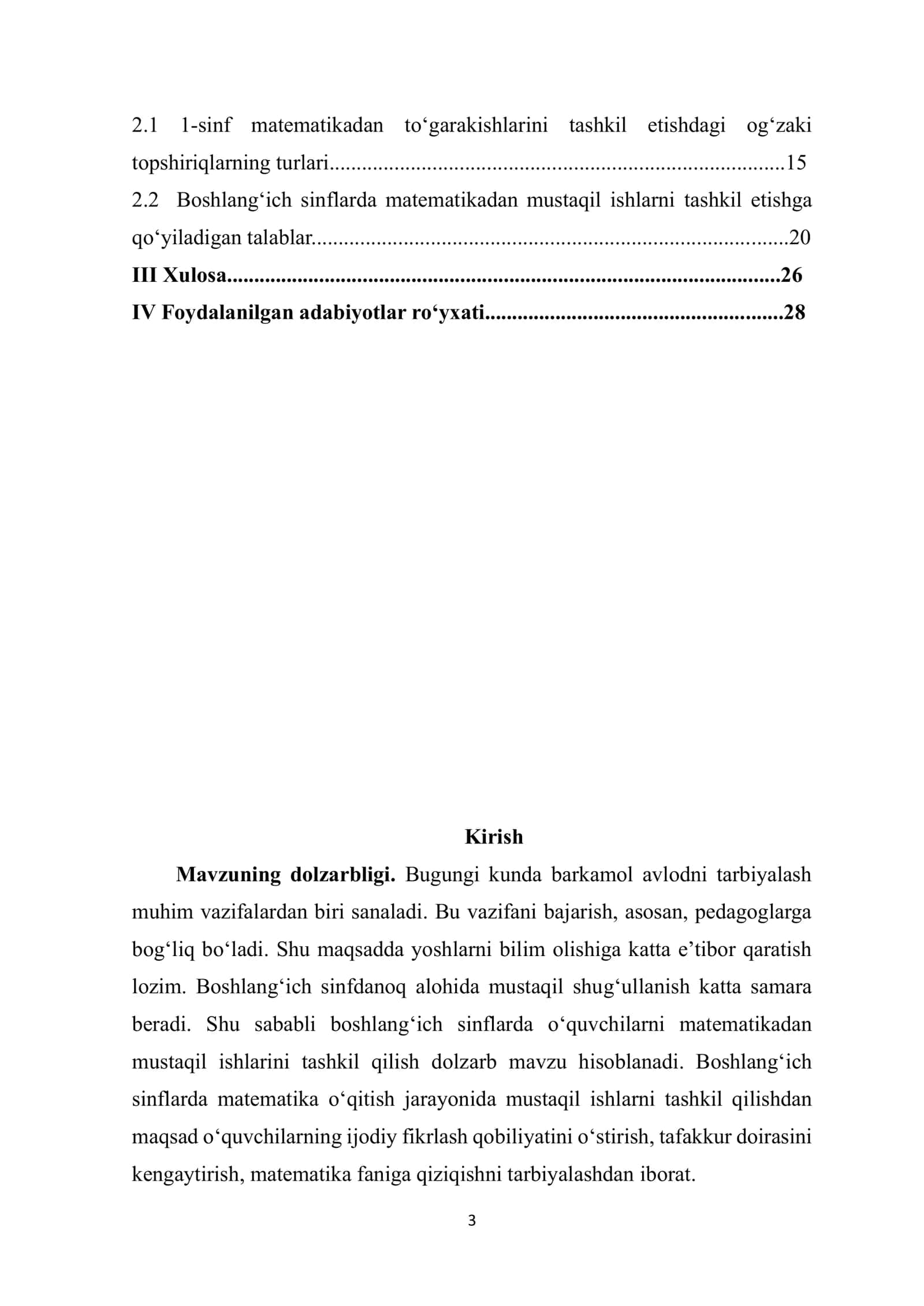 Boshlangʻich sinfda matematikadan mustaqil ishlarni tashkil etishda ogʻzaki topshiriqlardan foydalanish metodikasi(1-sinf) 2