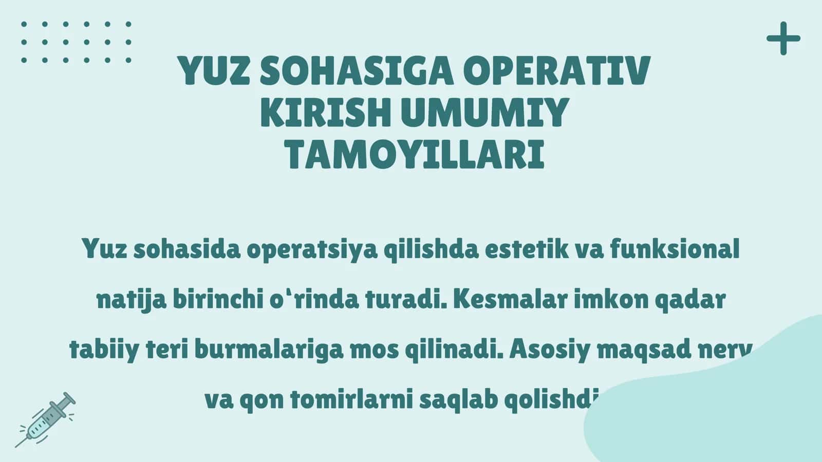 Yuz sohasi a’zolariga operativ ochib kirish usullari va texnikasi. Pastki jag‘ chiqishini to‘g‘rilash texnikasi. Yuz sohasidagi tug‘ma nuqsonlar. Yuzdagi plastik operatsiyalar. 2