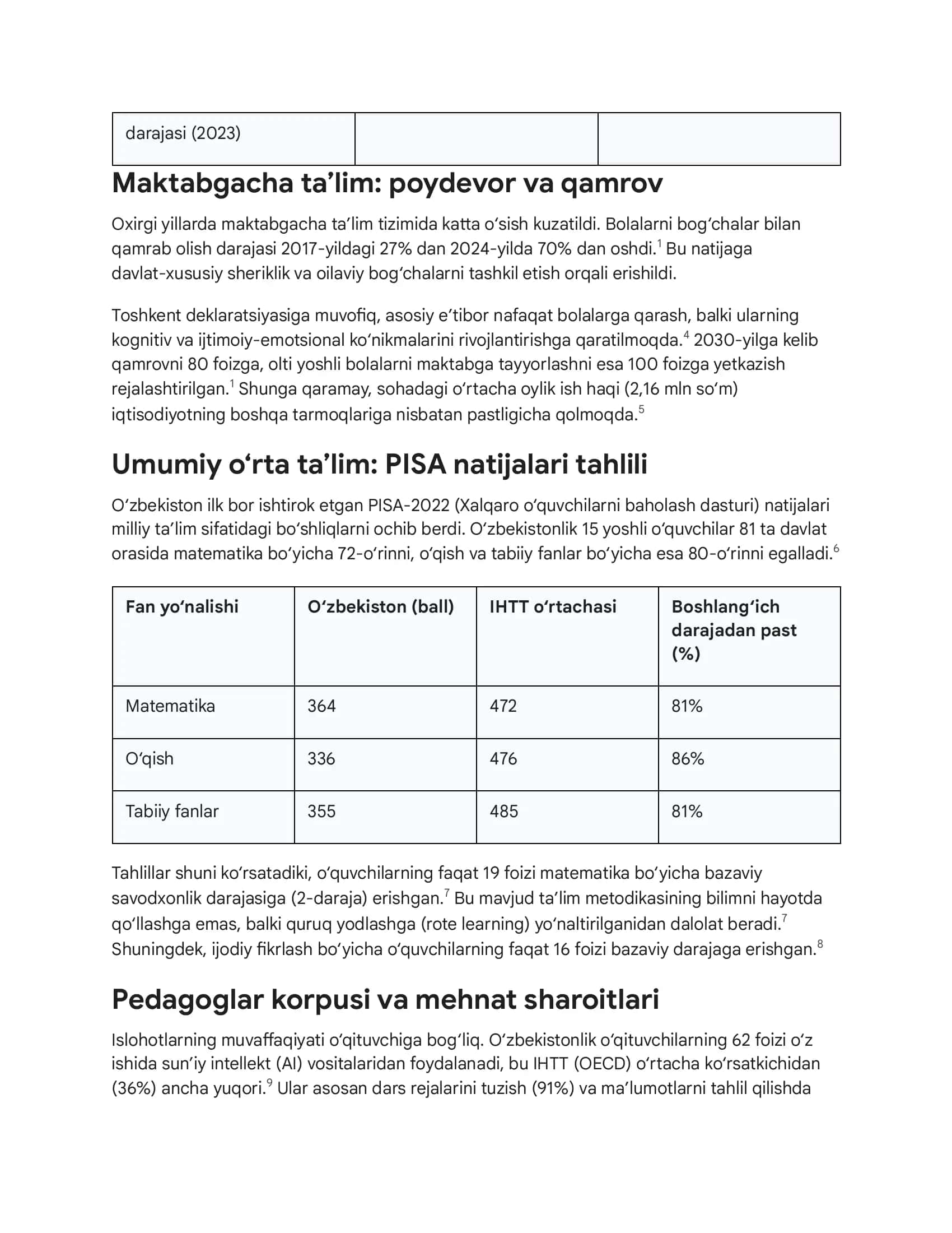 O‘zbekiston Respublikasi ta’lim tizimining bugungi holati va rivojlanish istiqbollari: muammolar tahlili va strategik yechimlar 2