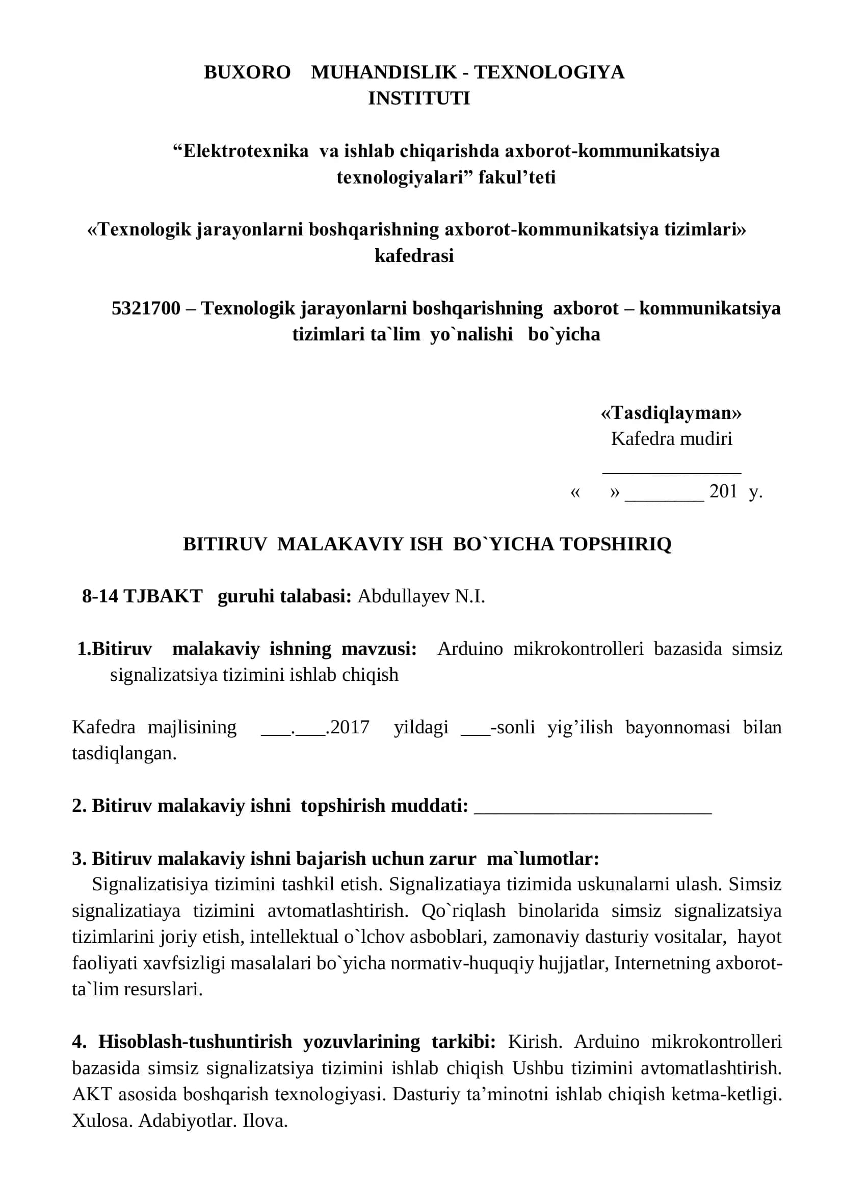 Arduino mikrokontrolleri bazasida simsiz signalizatsiya tizimini ishlab chiqish 2
