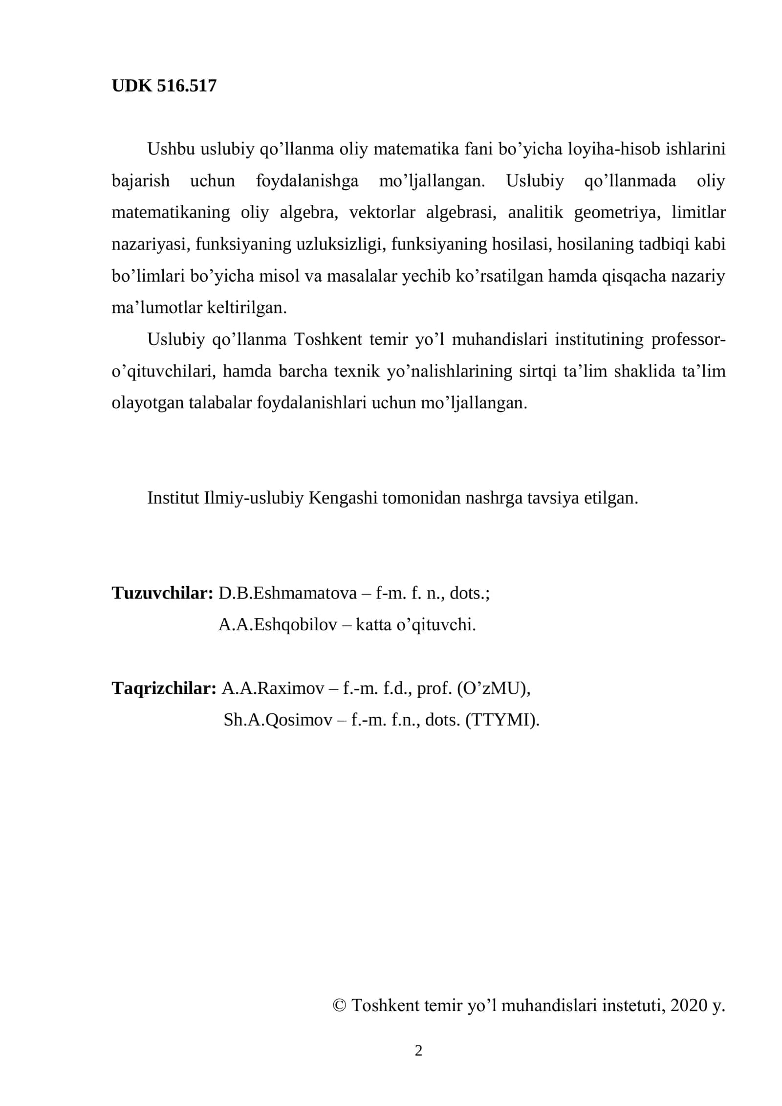 Oliy matematika fanidan loyiha-hisob ishlari 2