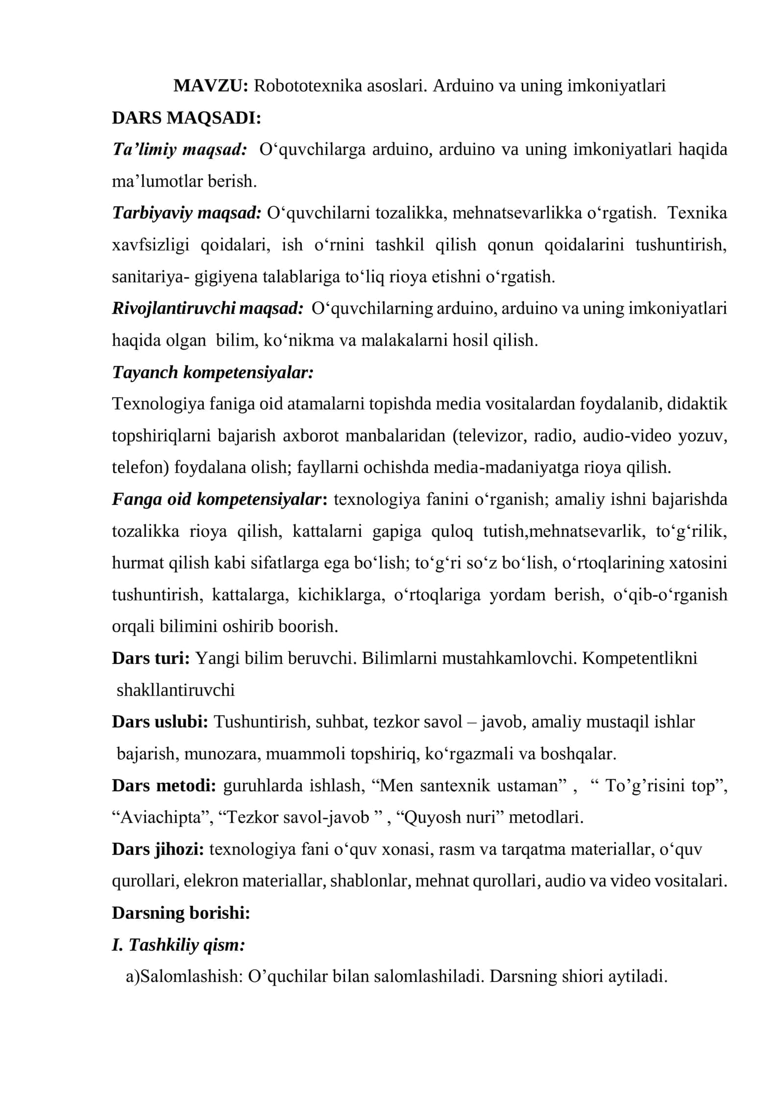 Texnologiya fanidan Robototexnika asoslari. Arduino va uning imkoniyatlari mavzusida ochiq dars ishlanma 2