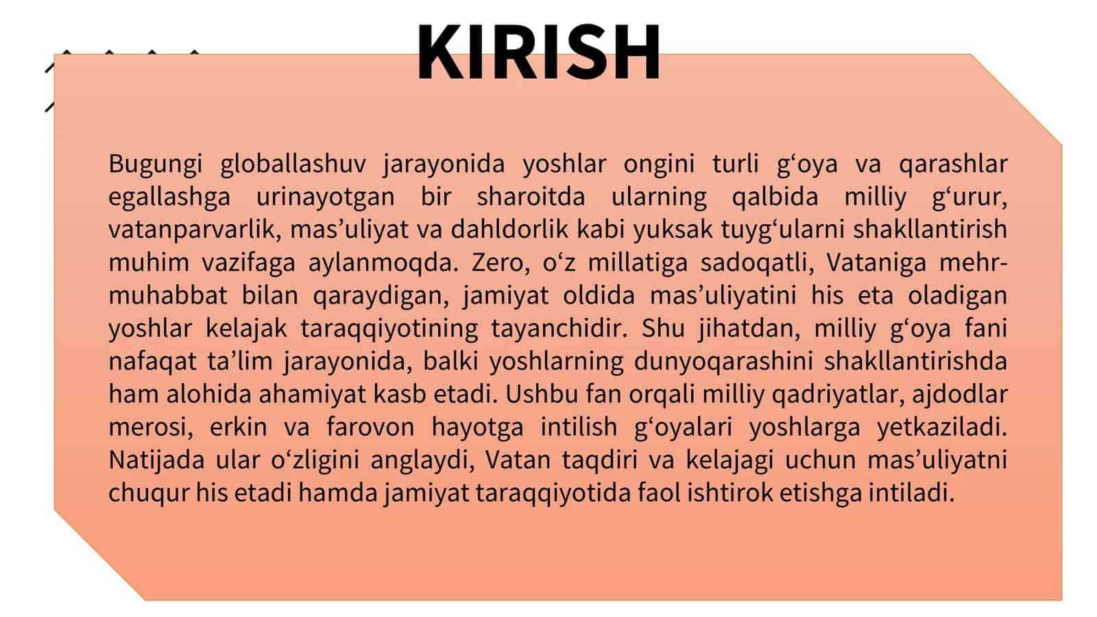 Yoshlar qalbida milliy g‘urur, vatanparvarlik, mas'uliyatlilik, dahldorlik kabi tuyg‘ularni shakllantirishda milliy g‘oya fanining ahamiyati 2