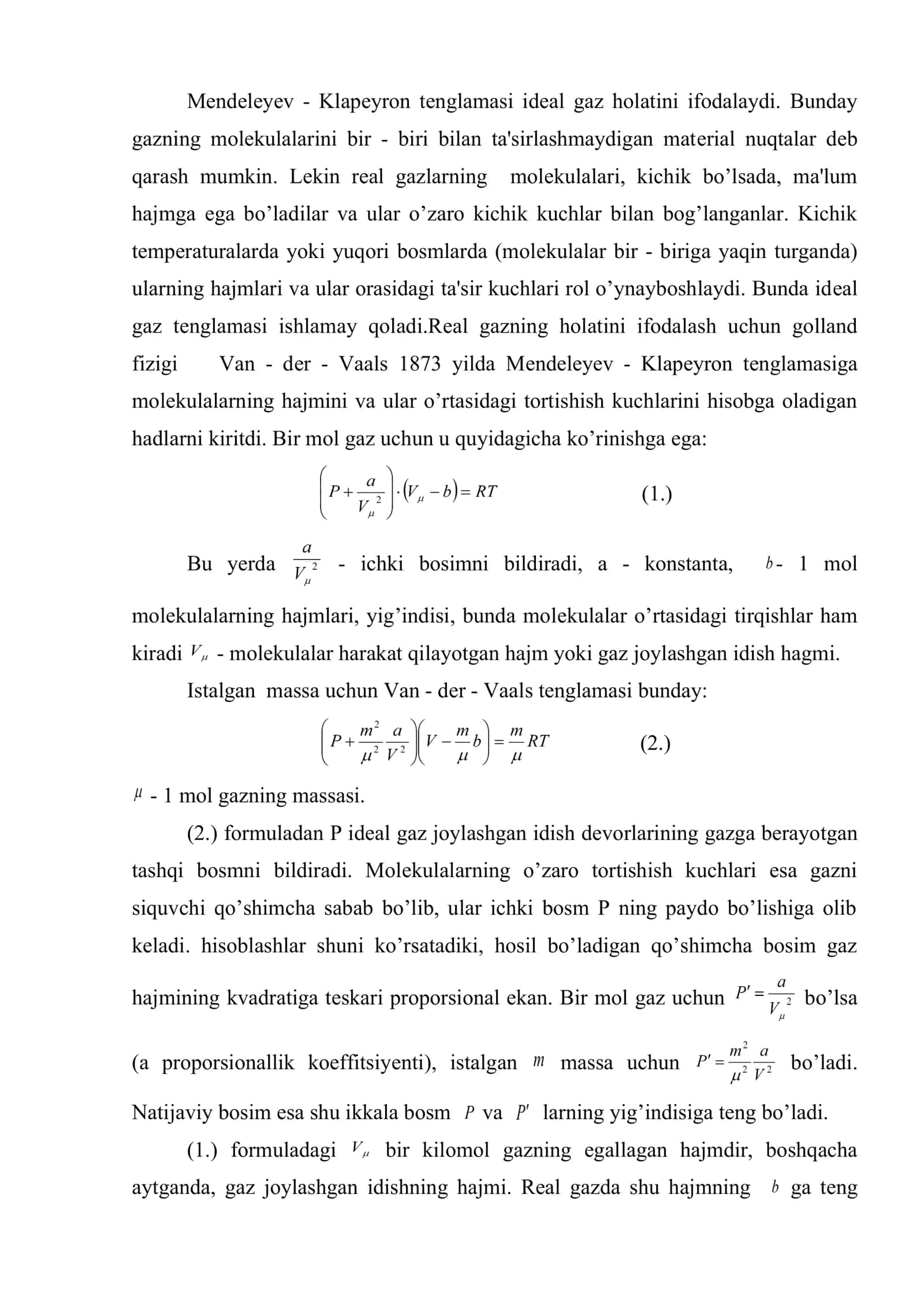 Rеal gazlar. Van-dеr-Vaals tеnglamasi. Kritik holat. Rеal gazlarning ichki enеrgiyasi. Joul-Tomson effеkti 2