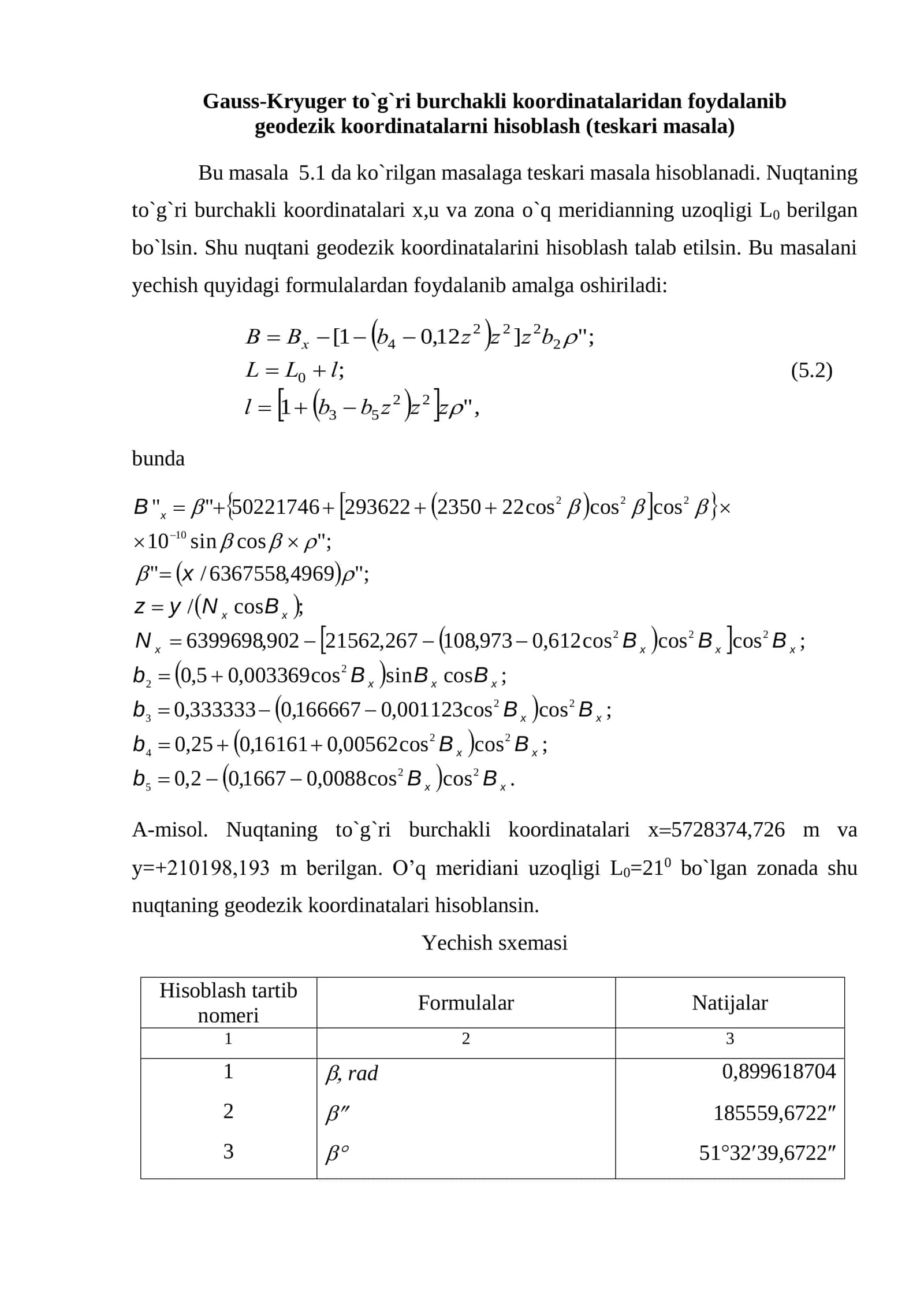 Gauss-Kryuger to`g`ri burchakli koordinatalaridan foydalanib geodezik koordinatalarni hisoblash (teskari masala) 2