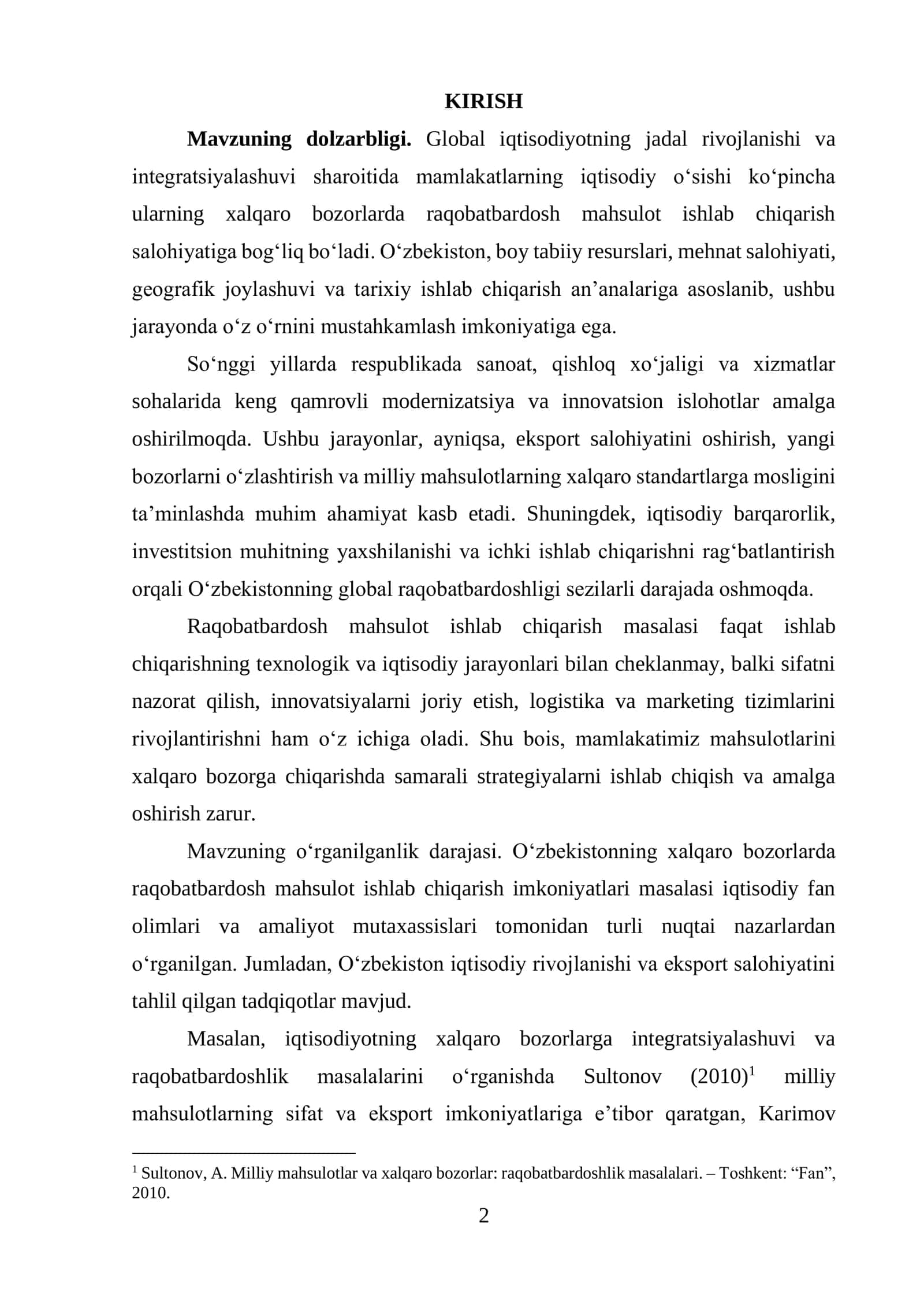 O‘zbekistonning xalqaro bozorlar uchun raqobatbardosh mahsulot ishlab chiqarish imkoniyatlari 2