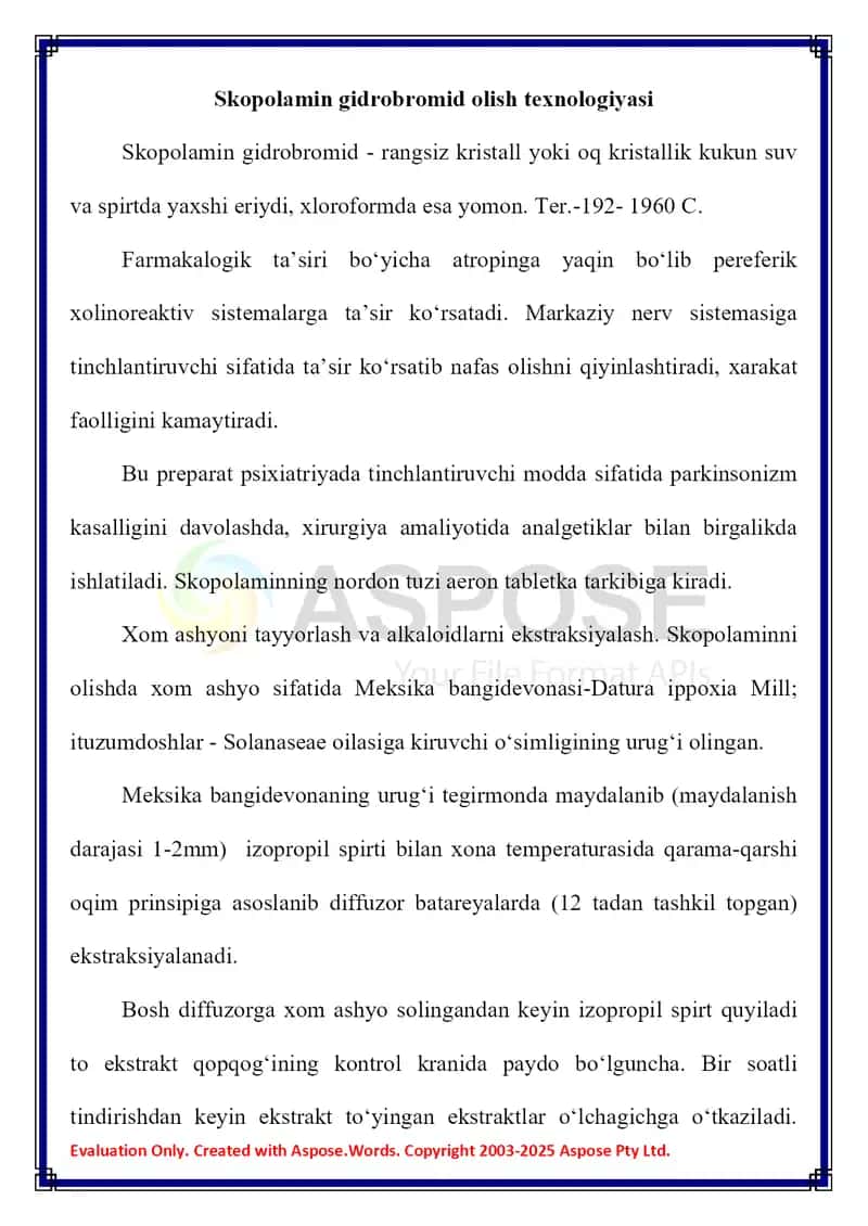 Skopolomin gidrobromid, anabazin gidroxlorid olish texnologiyalari. 2