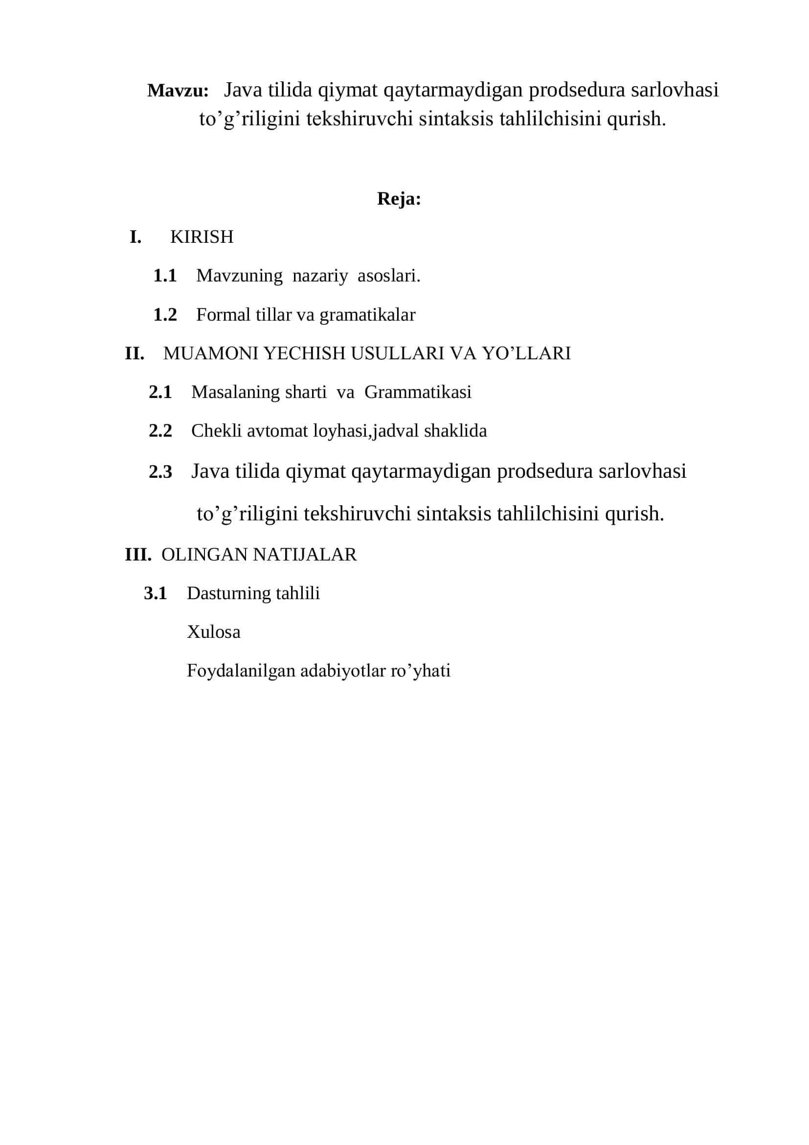Java tilida qiymat qaytarmaydigan prodsedura sarlovhasi to’g’riligini tekshiruvchi sintaksis tahlilchisini qurish 2