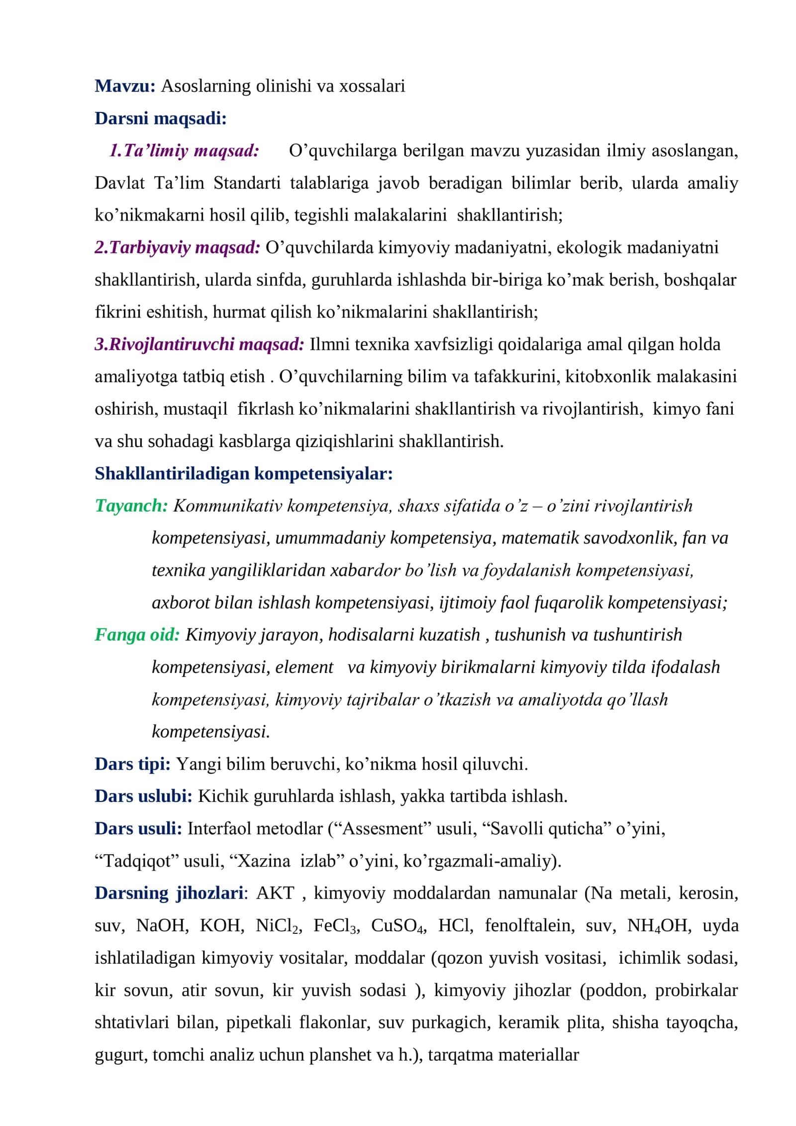 Kimyo fanidan Asoslarning olinishi va xossalari mavzusida ochiq dars ishlanma 2