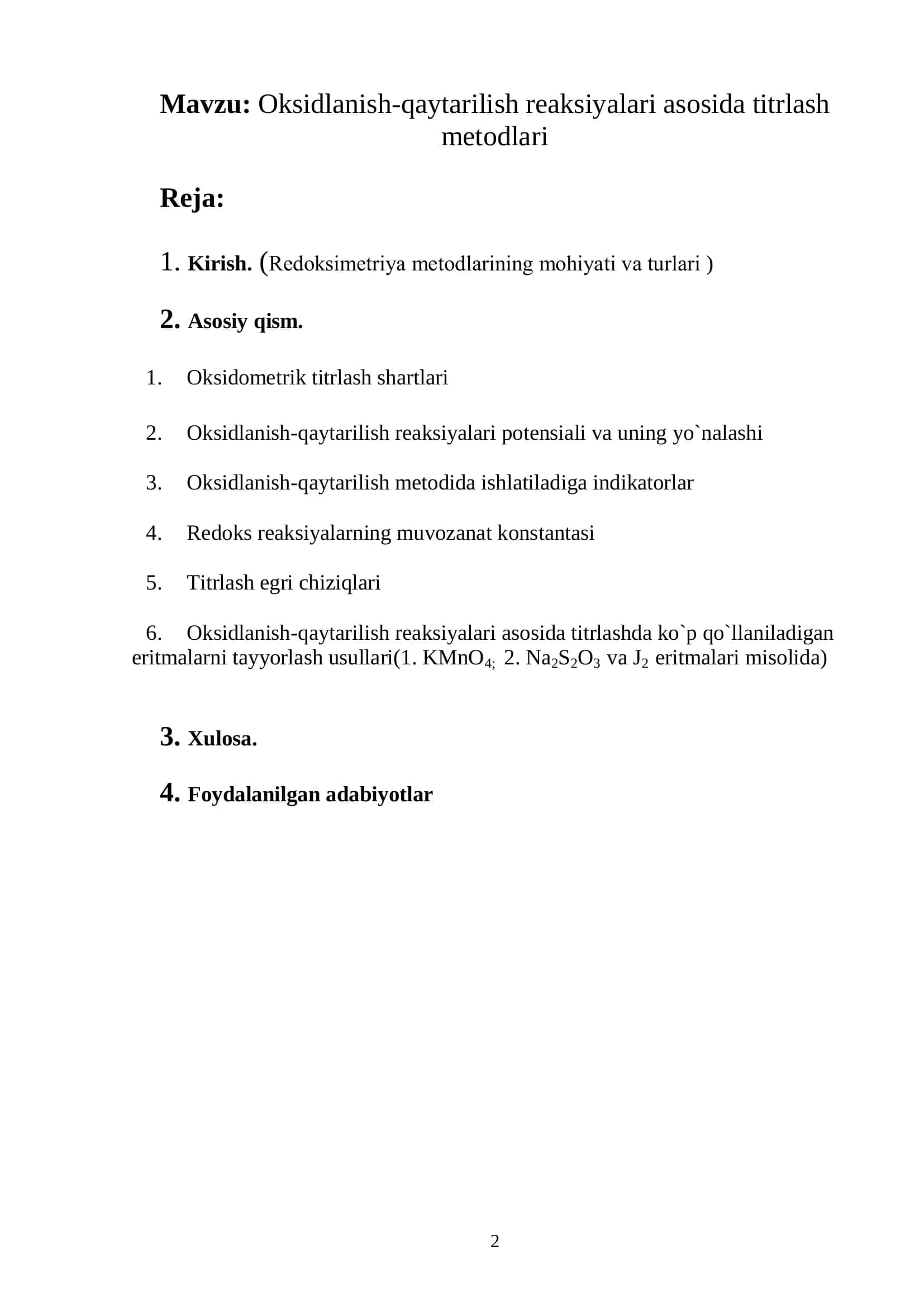 Oksidlanish-qaytarilish reaksiyalari asosida titrlash metodlari 2