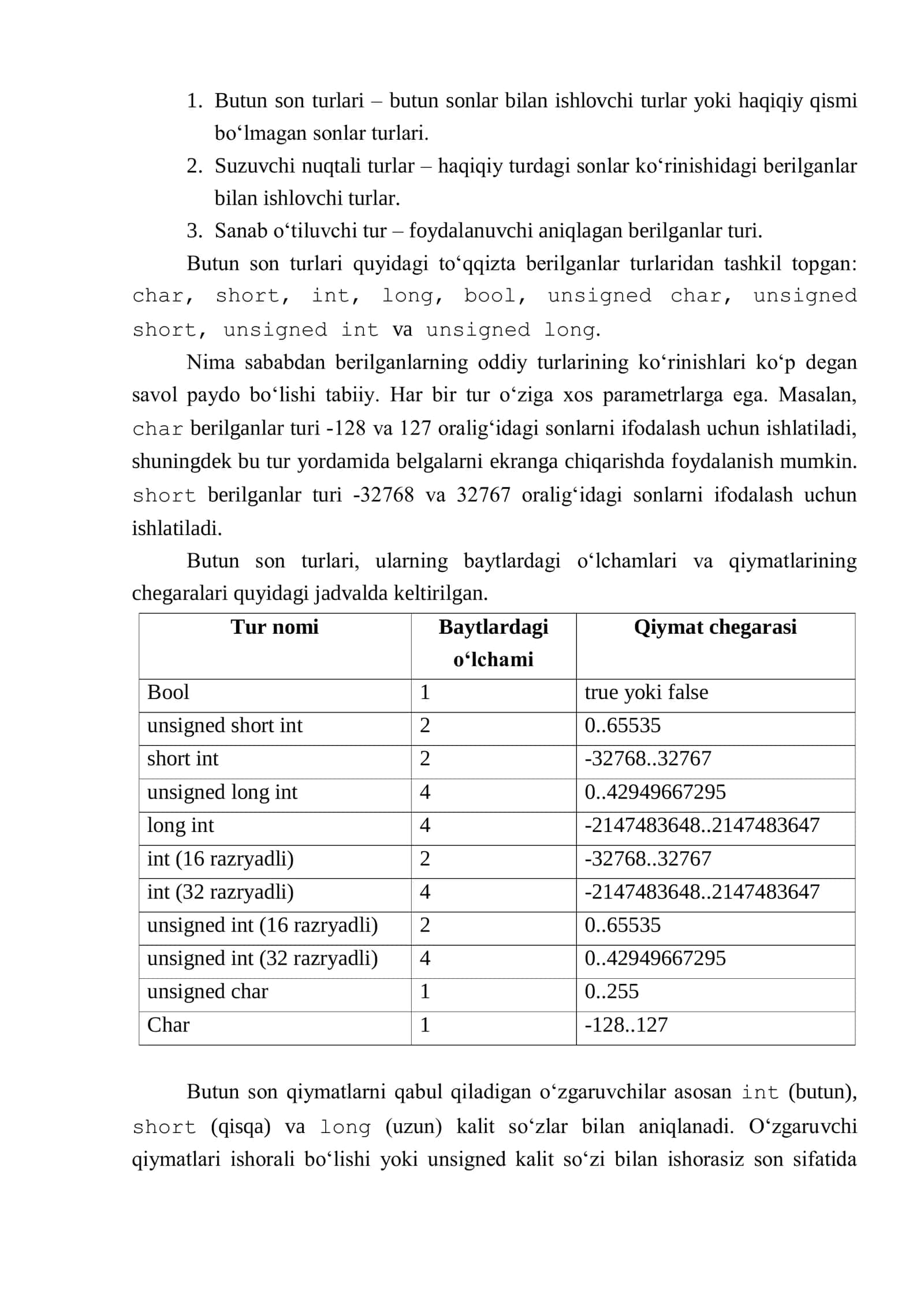 Ma’ruza 3. Berilganlar turlari. С++ tilining tayanch turlari 2