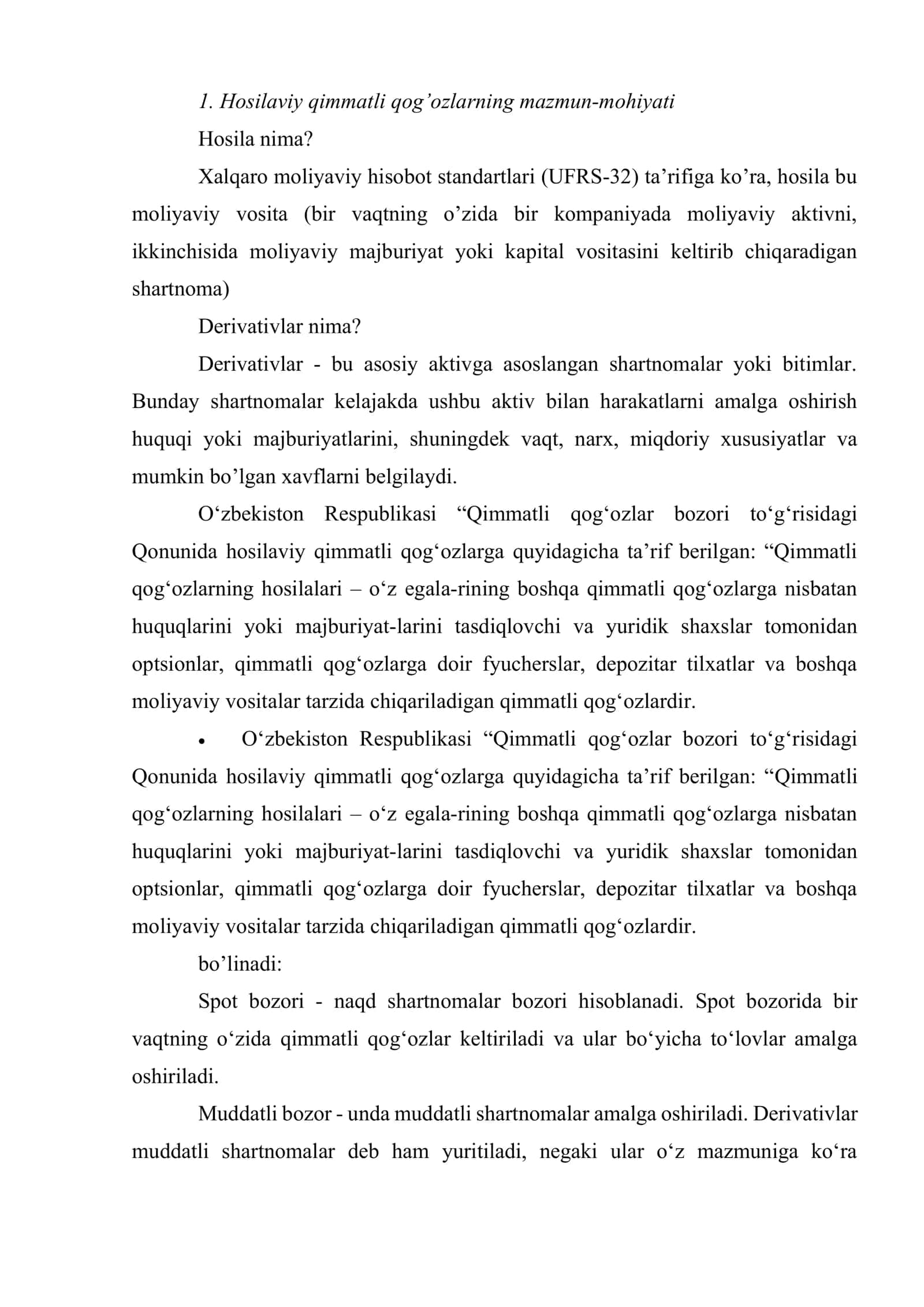 Hosilaviy qimmatli qog’ozlar (Derivativlar) 2