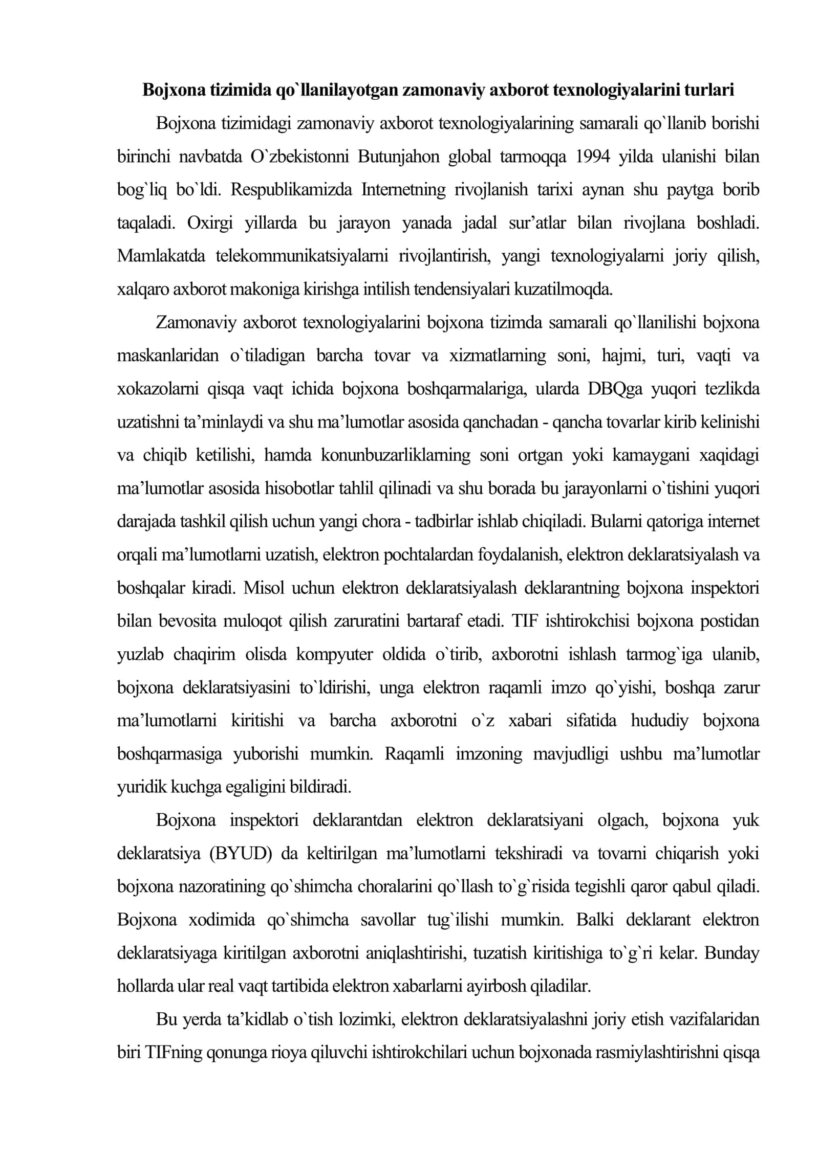 O`zbekiston respublikasi bojxona tizimi boshqaruvini amalga oshirishda axborot texnologiyalarini qo`llanishi 2