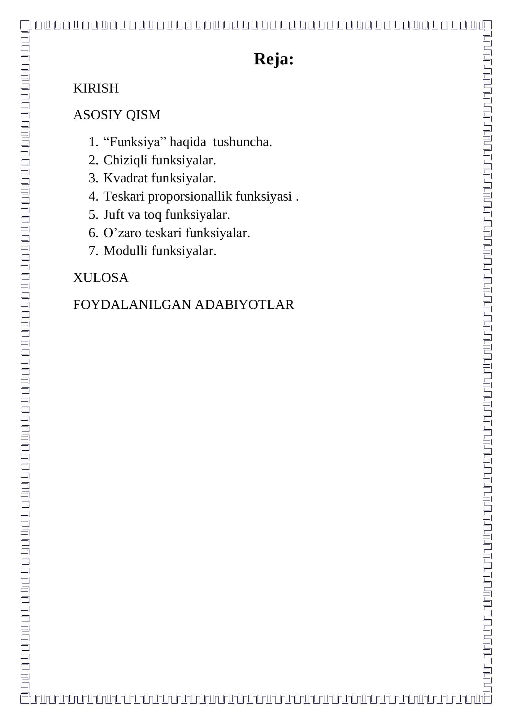 "Funksiyalar va ularning grafigi" 2