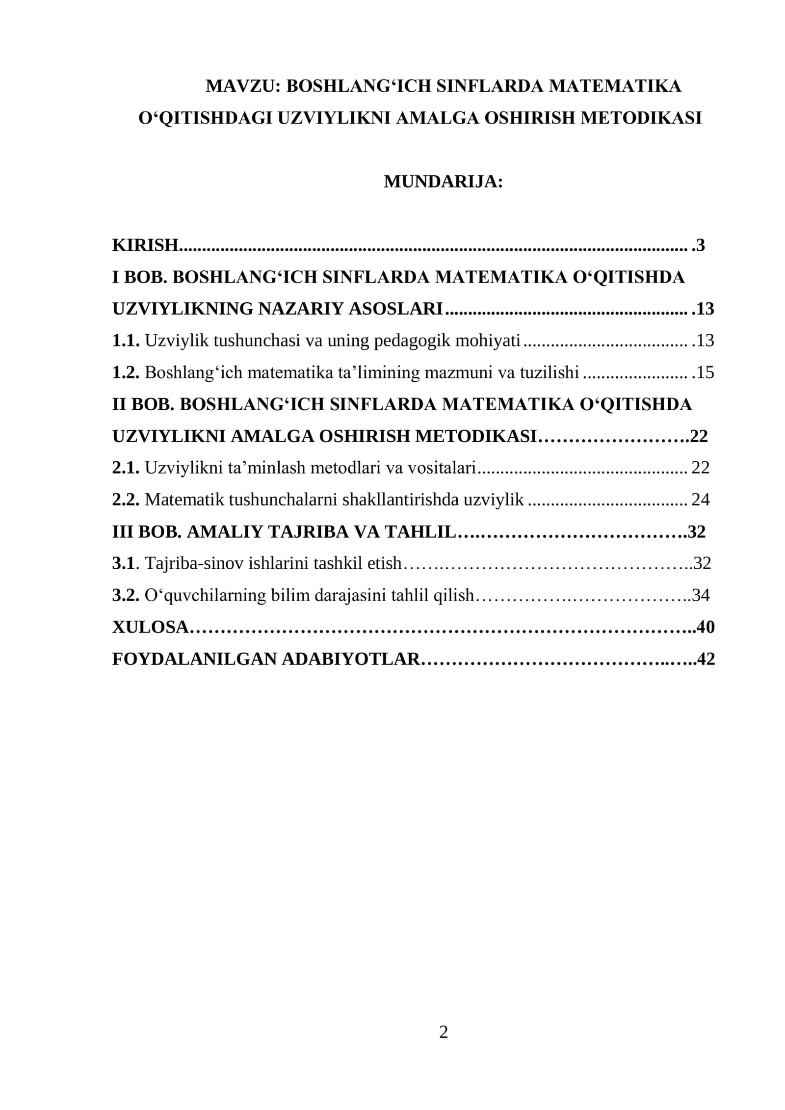 BOSHLANG‘ICH SINFLARDA MATEMATIKA O‘QITISHDAGI UZVIYLIKNI AMALGA OSHIRISH METODIKASI 2
