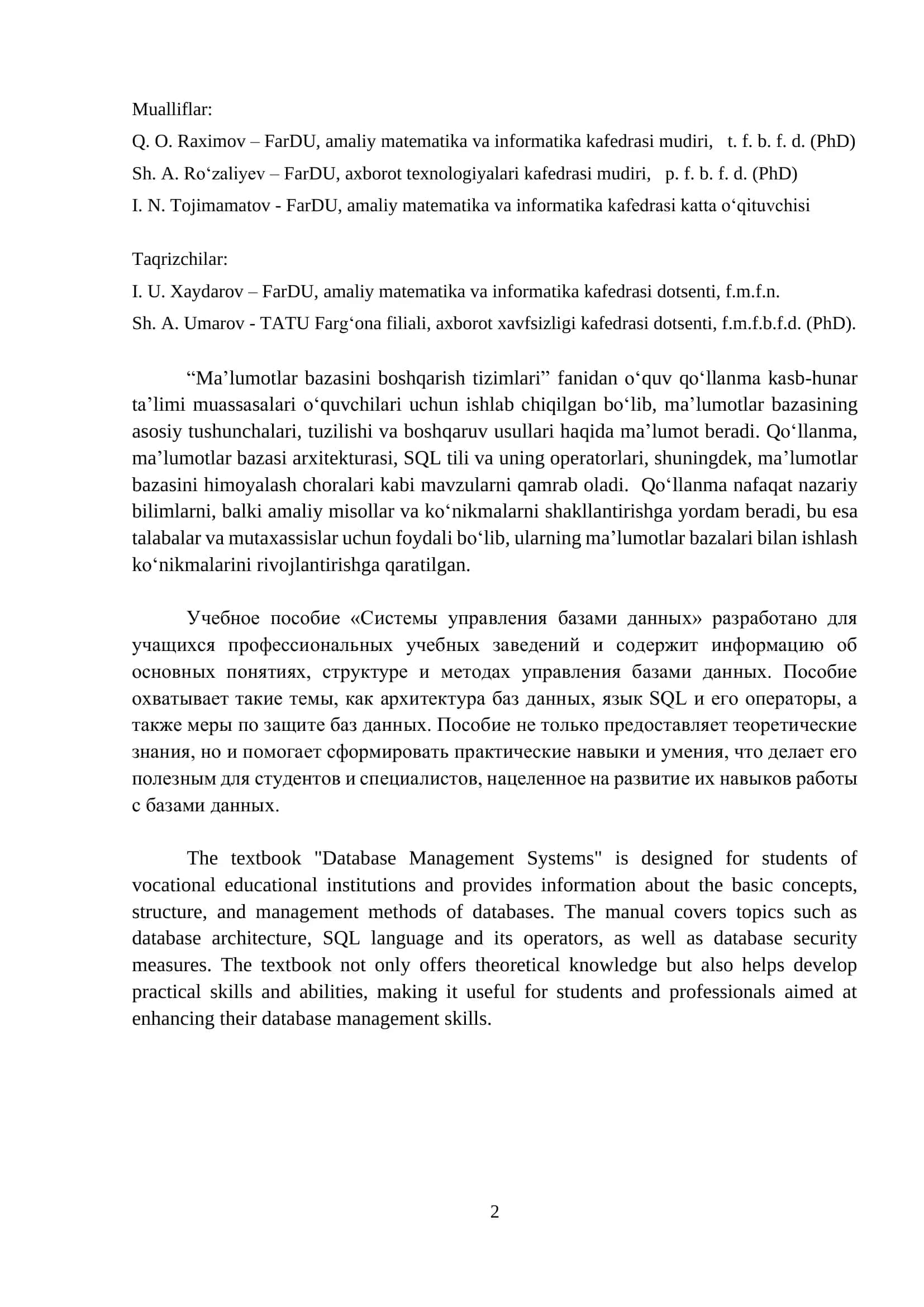 Ma’lumotlar Bazasini Boshqarish Tizimlari 2