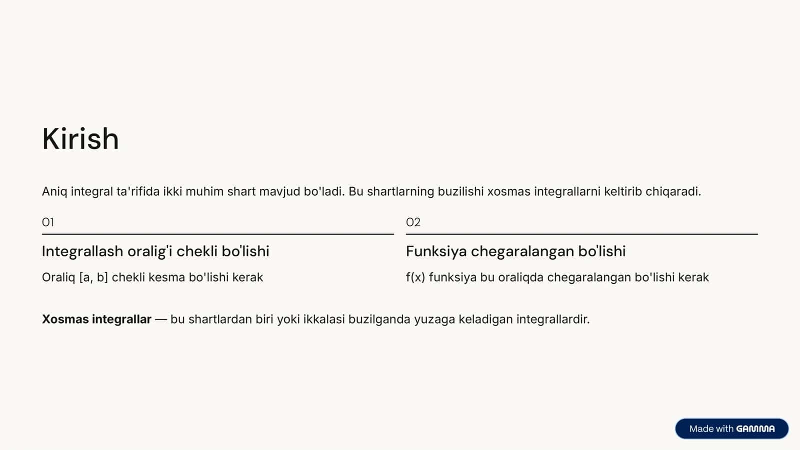 Birinchi va ikkinchi tur xosmas integrallar. slayd 2