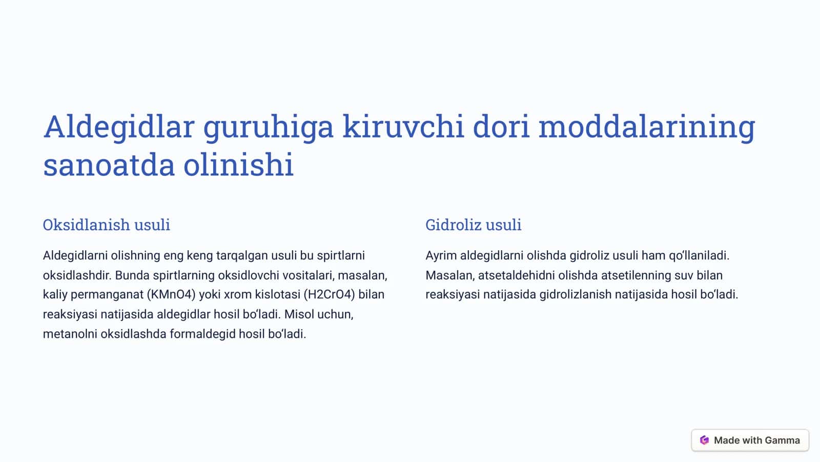 Aldegidlar va murakkab efirlar guruhiga kiruvchi dori moddalarining sanoatda olinishi 2