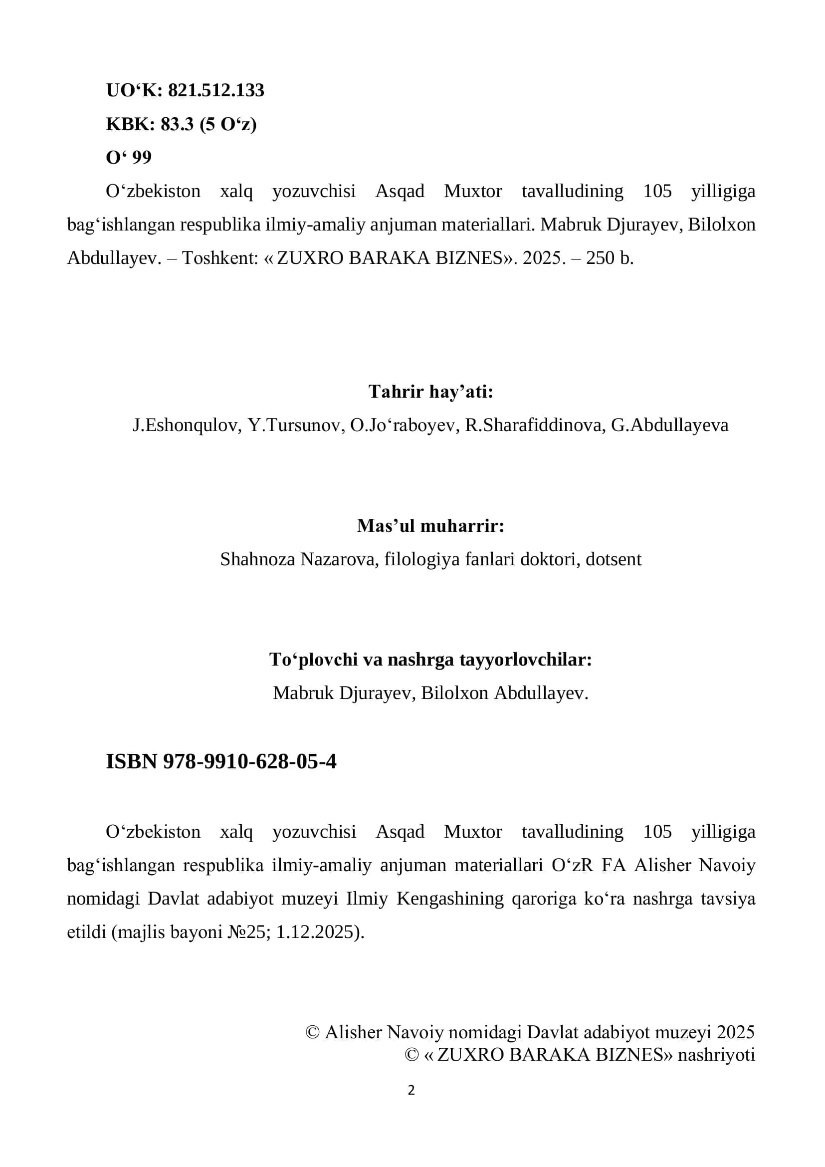 O‘zbekiston xalq yozuvchisi Asqad Muxtor tavalludining 105 yilligiga bag‘ishlangan respublika ilmiy-amaliy anjuman materiallari 2