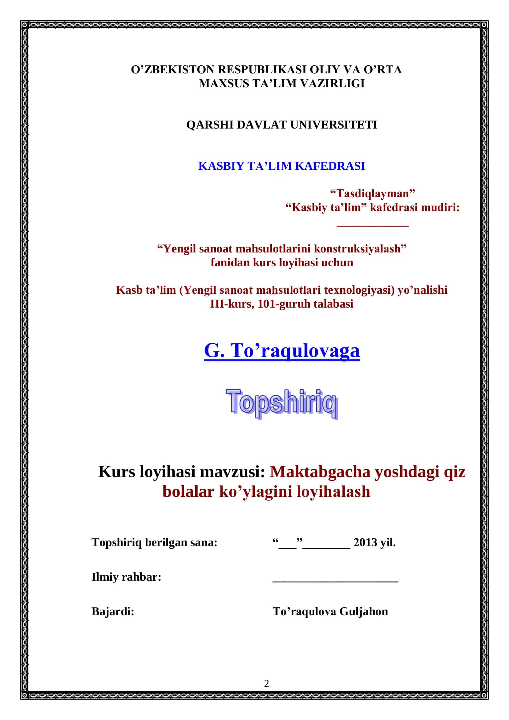 Maktabgacha yoshdagi qiz bolalar ko’ylagini loyihalash 2