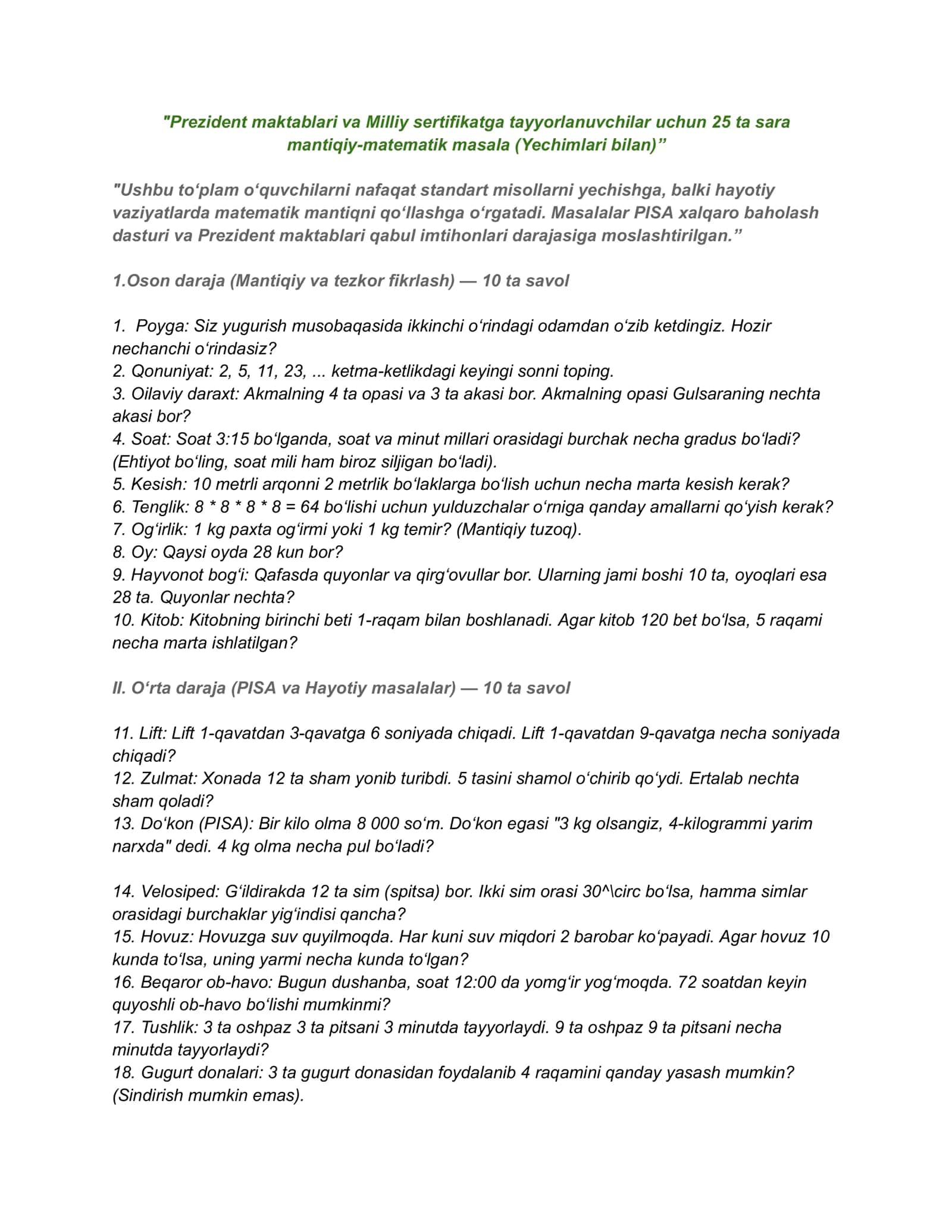 Mantiqiy matematika: 30 ta sara masala va tahliliy yechimlar (4-6 sinflar uchun) 2