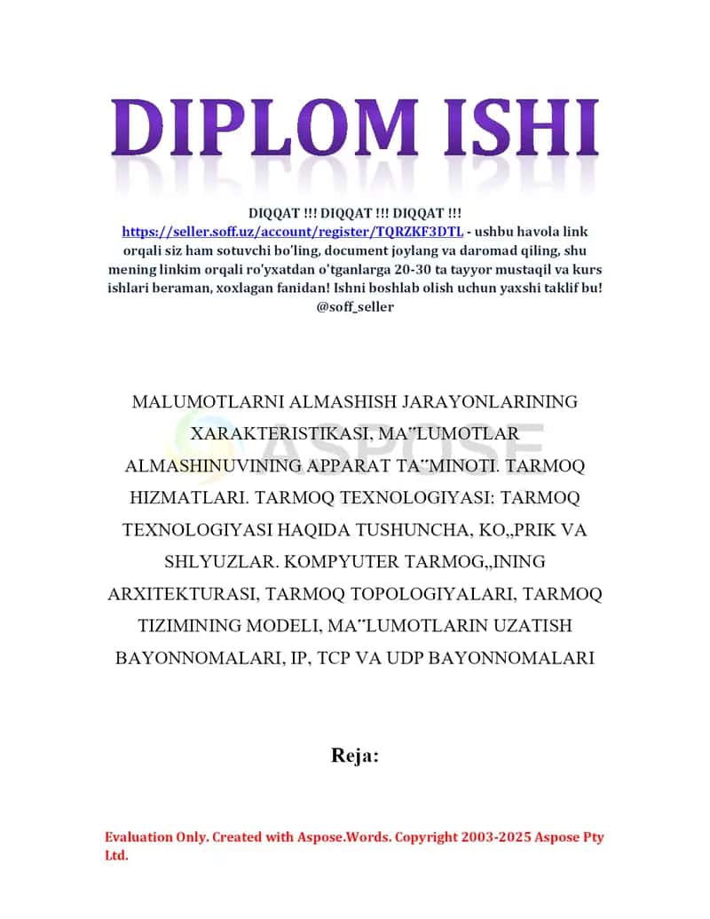 Malumotlarni almashish jarayonlarining xarakteristikasi, apparat ta’minoti va tarmoq xizmatlari kurs ishi 2