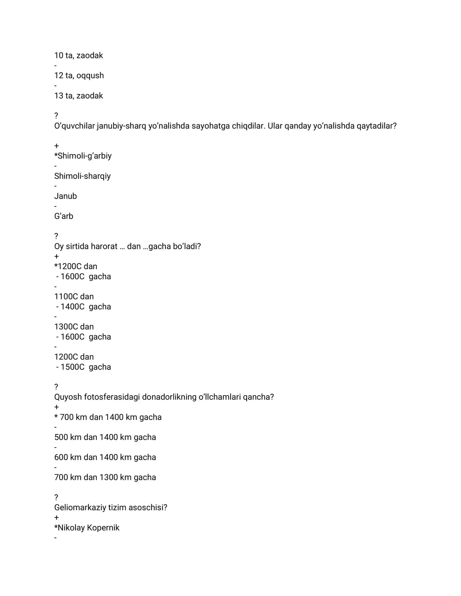 Astronomiya fanidan nazorat testlari (javoblari bilan). 2
