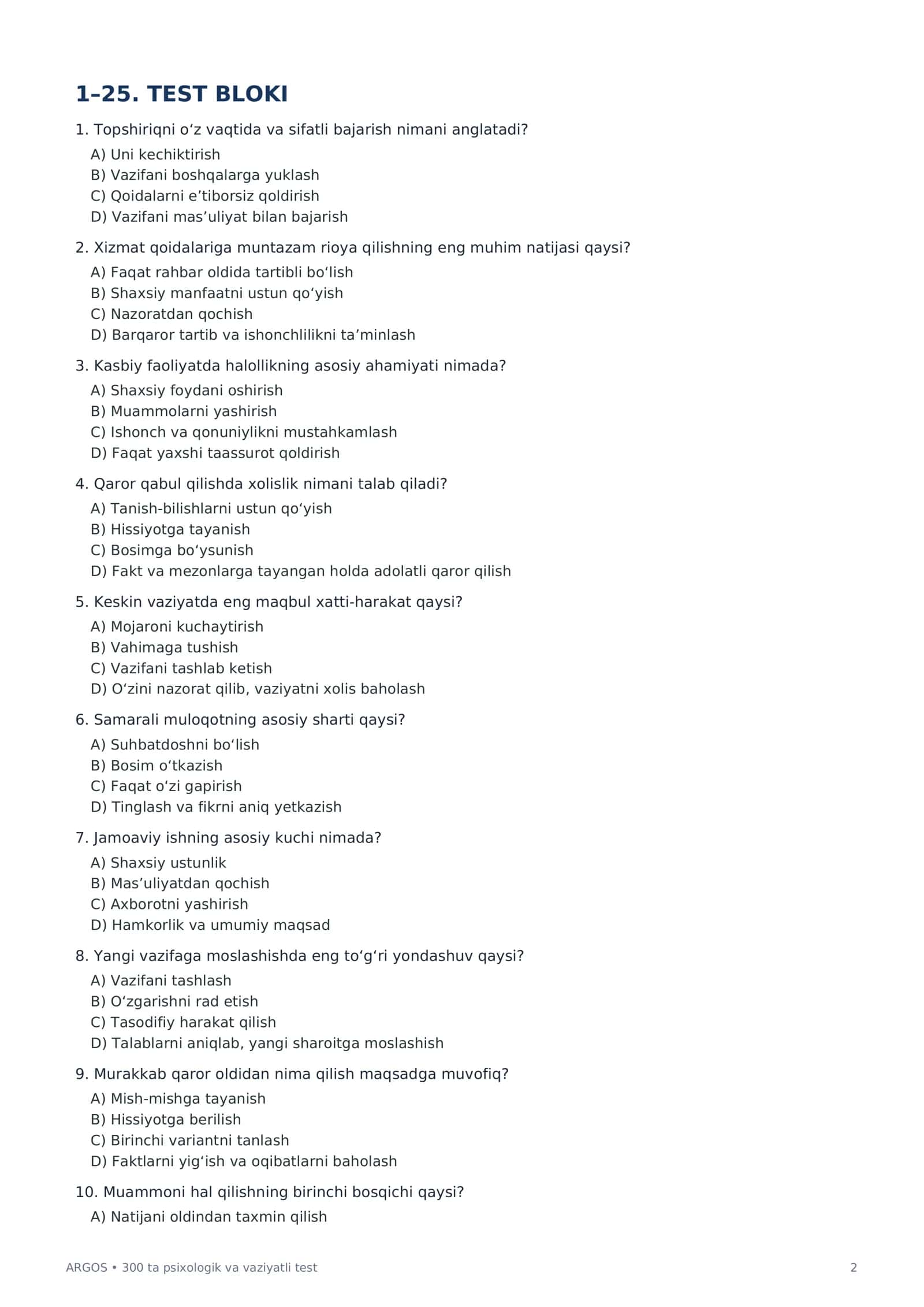 ARGOS 300 ta Psixologik Test | Davlat Xizmati uchun Testlar | Javoblar Kaliti bilan PDF 2