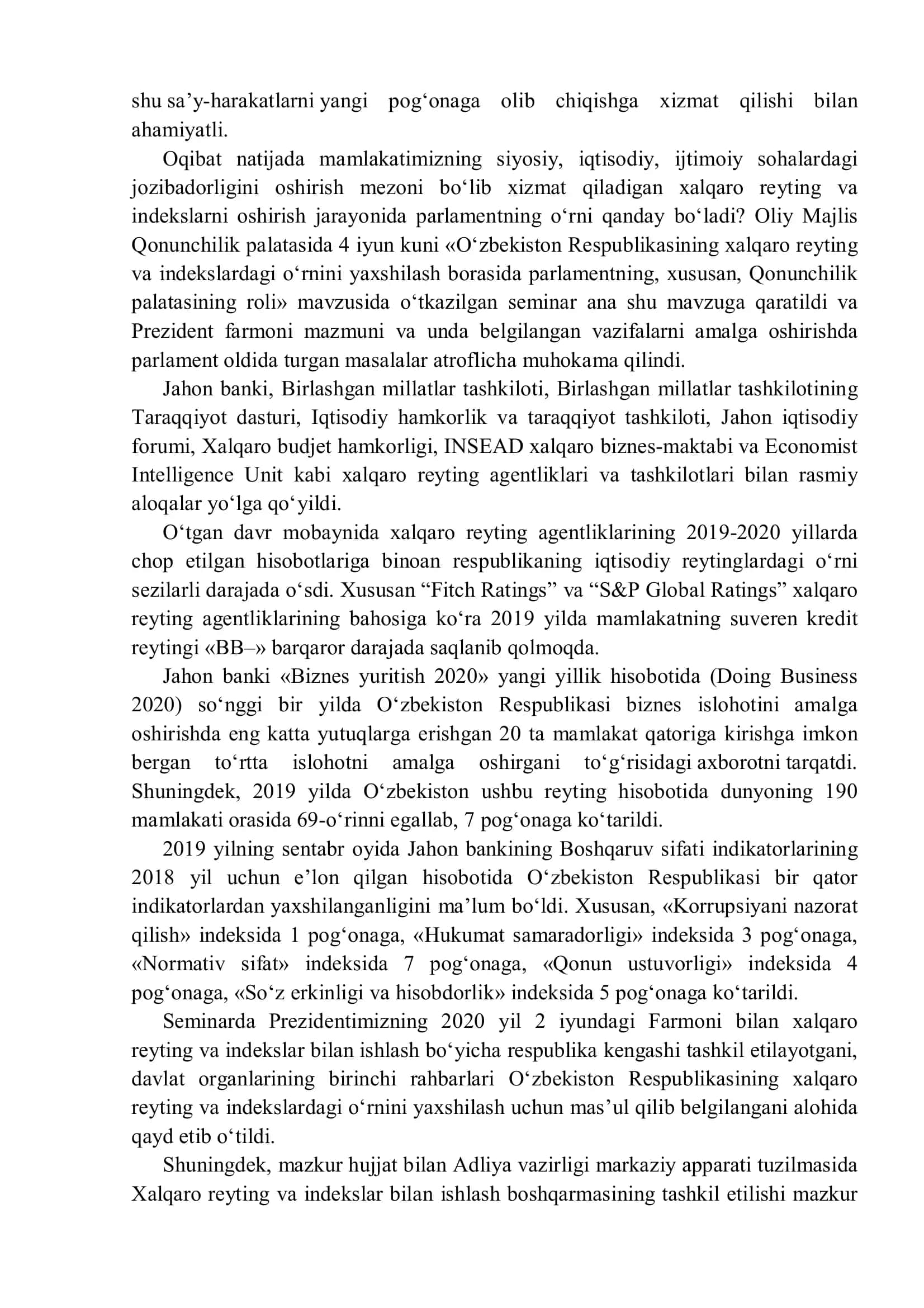 O‘zbekiston Respublikasining xalqaro reyting va indekslardagi o‘rni va nufuzini ortib borishi 2