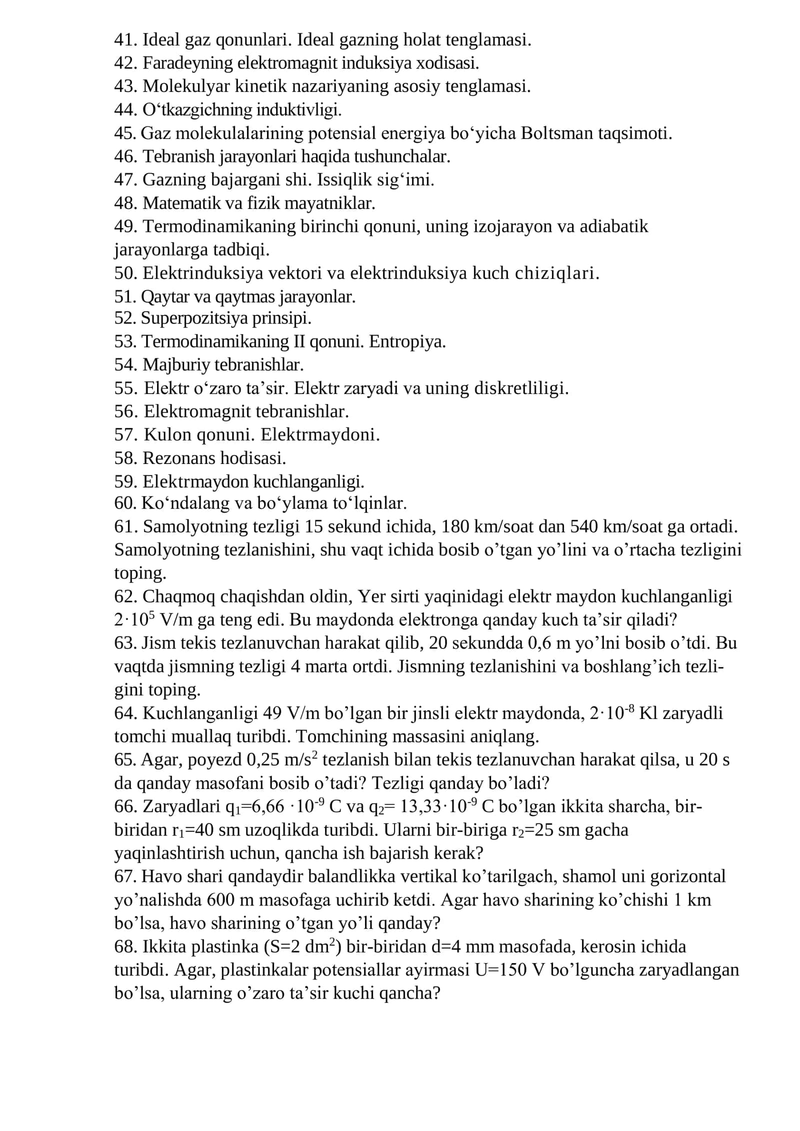 Fizika 1 fanidan yakuniy nazorat savollari (1-semestr) 2023-2024 2