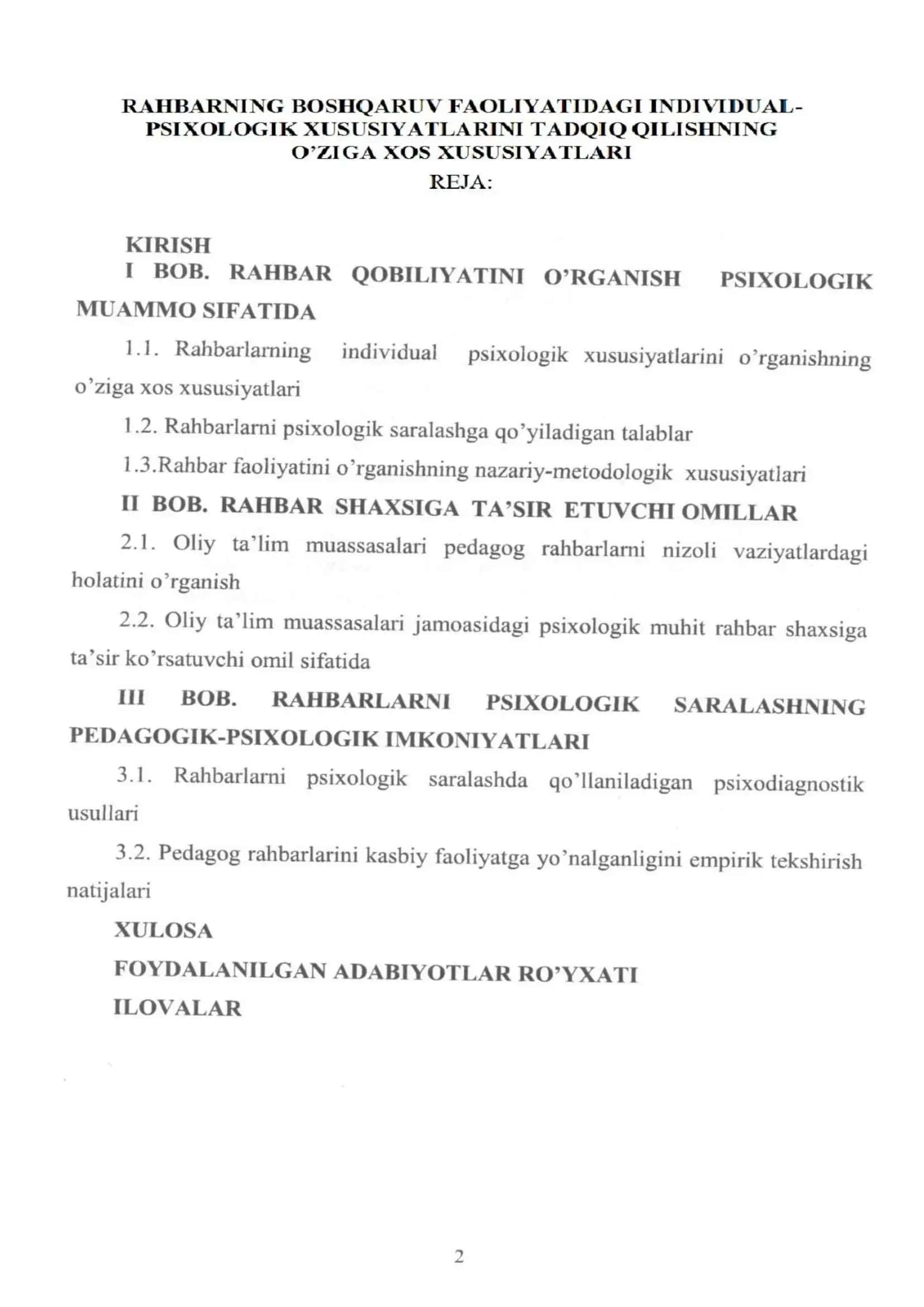 RAHBARNING BOSHQARUV FAOLIYATIDAGI INDIVIDUAL-PSIXOLOGIK XUSUSIYATLARINI TADQIQ QILISHNING O’ZIGA XOS XUSUSIYATLARI 2