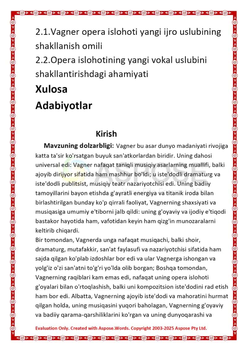 Vagner-XIX asr operasi buyuk islohotchisi mavzusida tayyorlangan kurs ishi 2