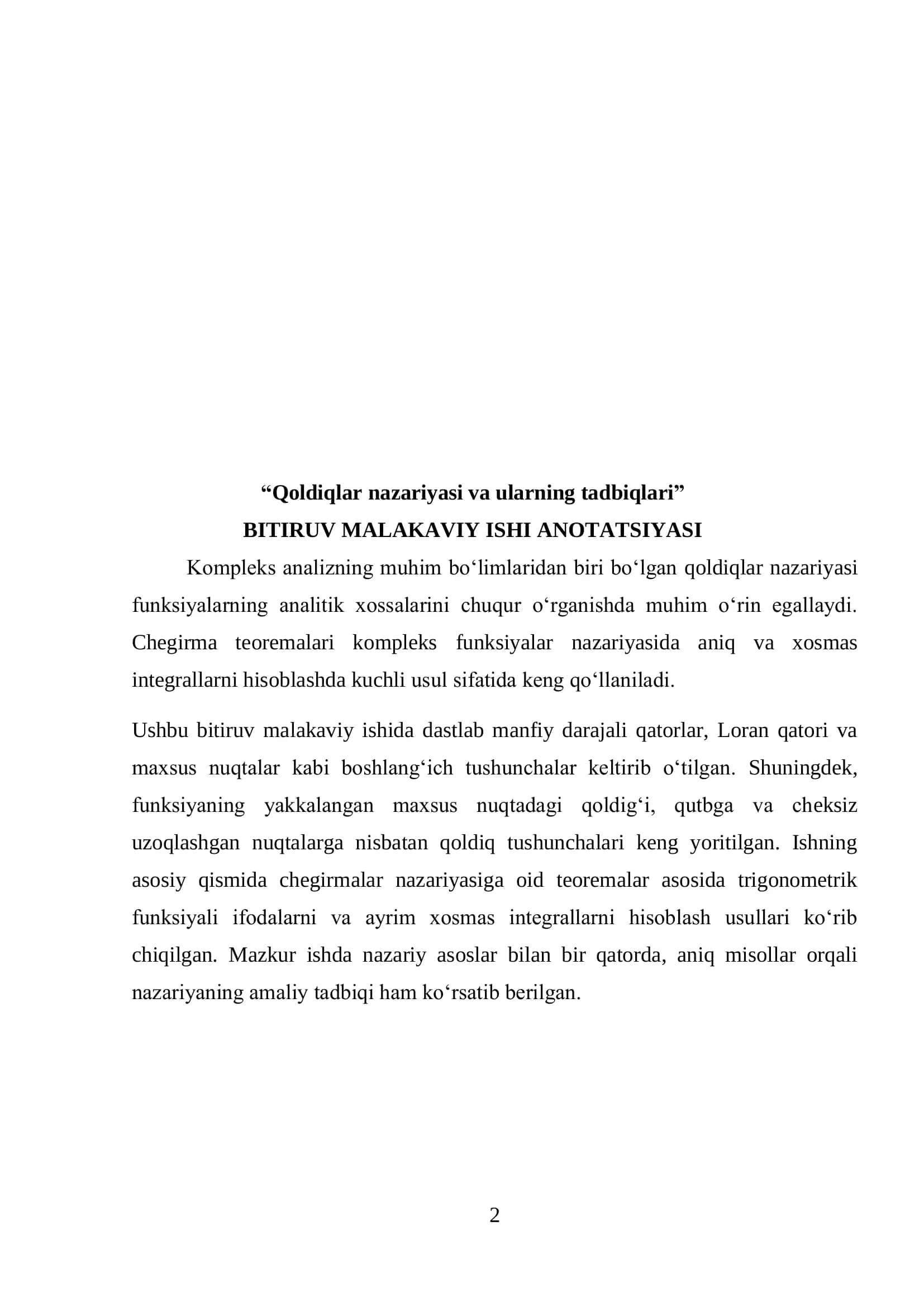 Qoldiqlar nazariyasi va ularning tadbiqlari 2