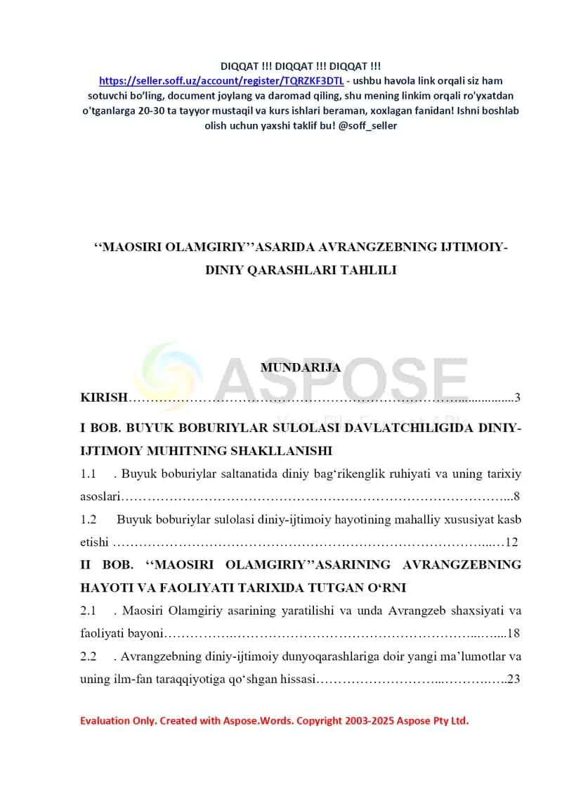 “Maosiri Olamgiriy” asarida Avrangzebning ijtimoiy-din­iy qarashlari tahlili (bitiruv malakaviy ish) 2