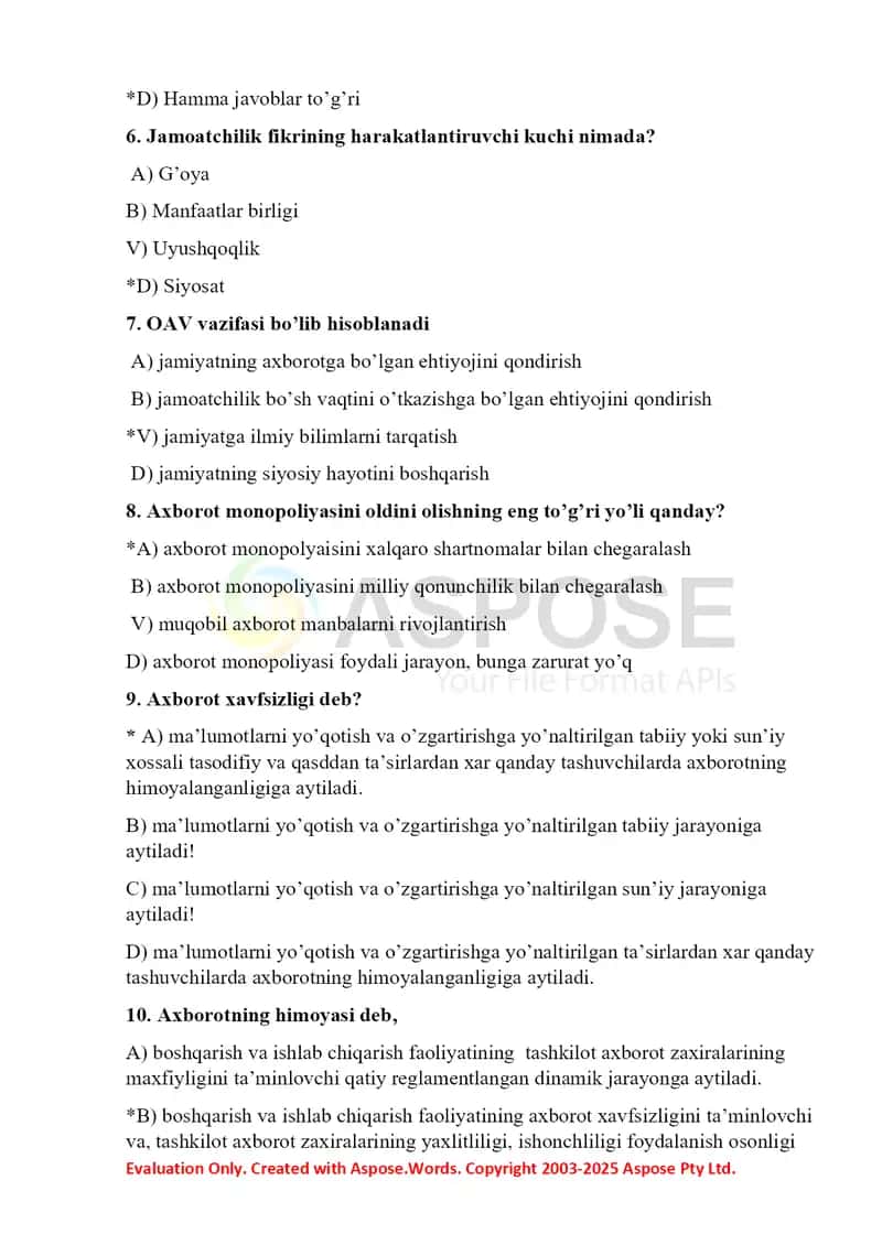 Axborot xavfsizligi test 2