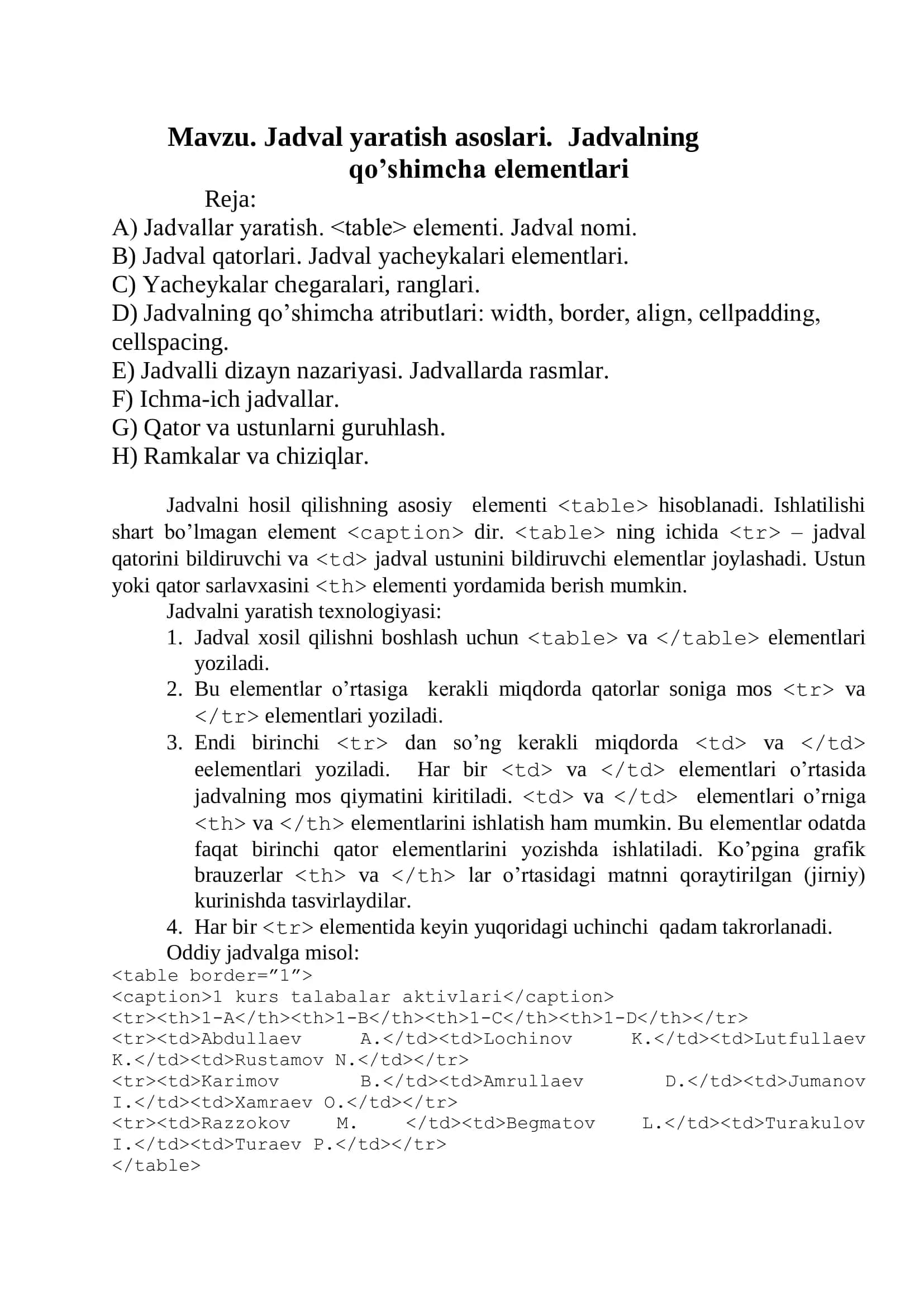 Jadval yaratish asoslari 2
