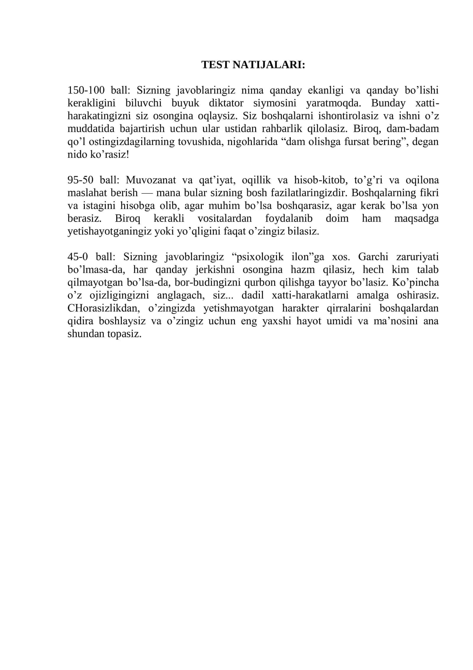 Liderlikni aniqlash testi (javoblari bilan) 2