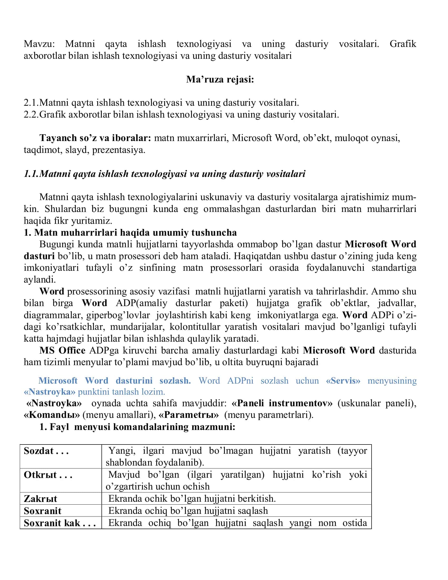 Matnni qayta ishlash texnologiyasi va uning dasturiy vositalari 2
