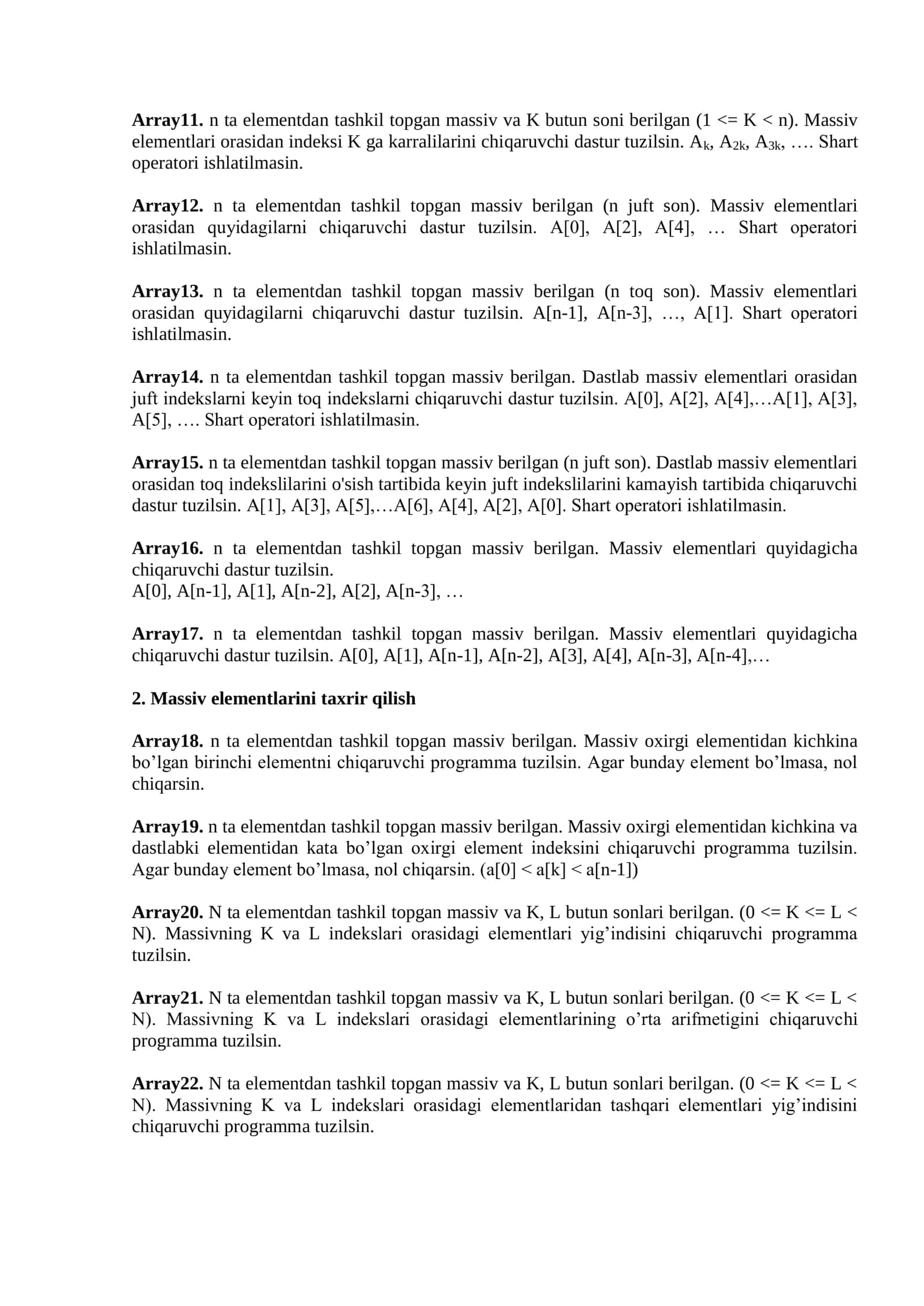 Bir o'lchamli massivlar bilan ishlash 2