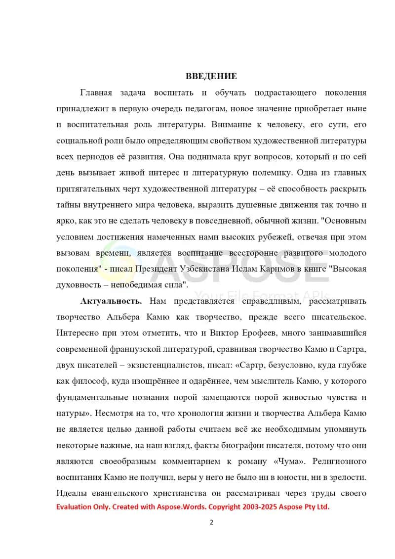 "Образ чумы в произведении А. Камю «Чума»" 2