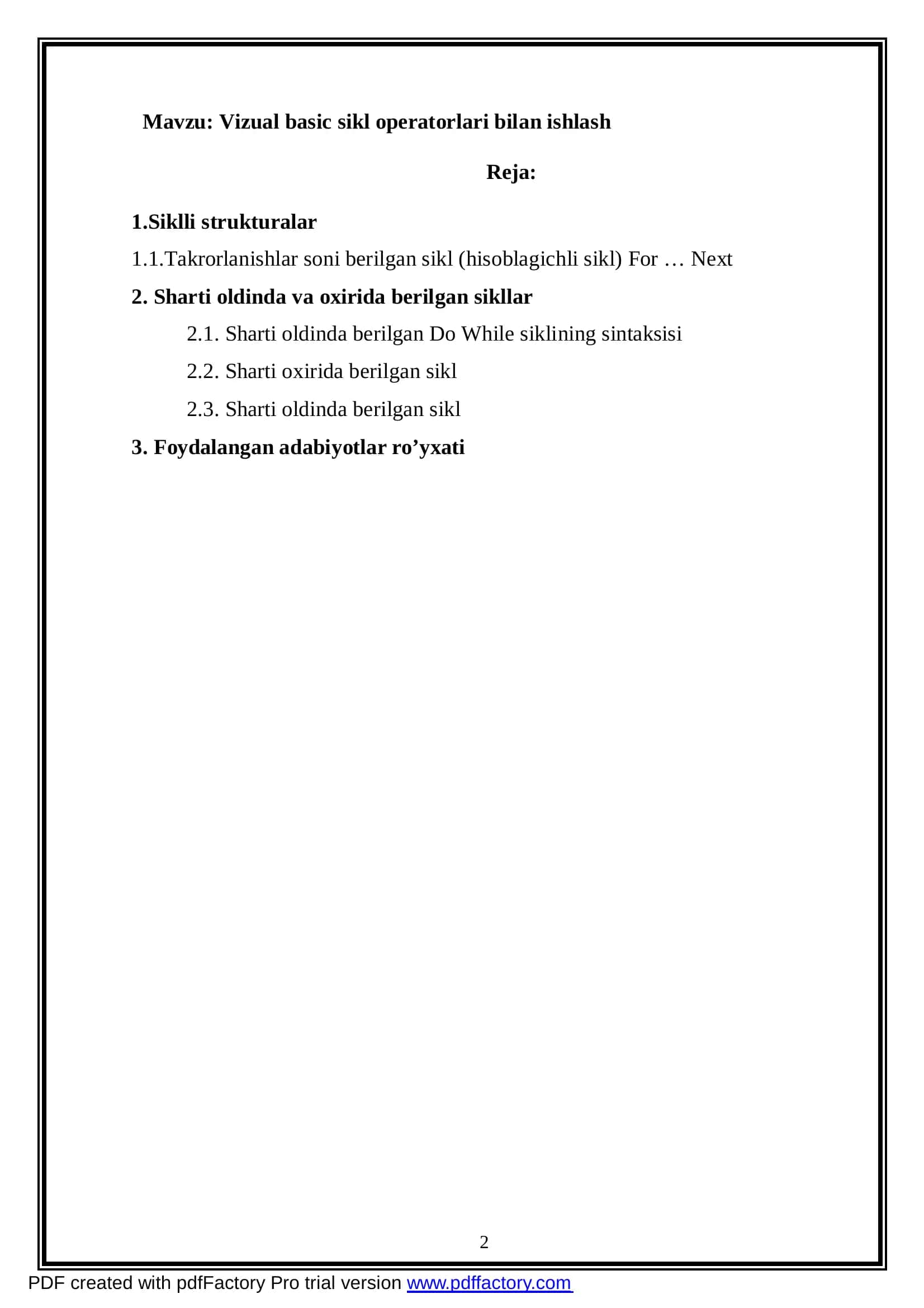 Vizual basic sikl operatorlari bilan ishlash 2