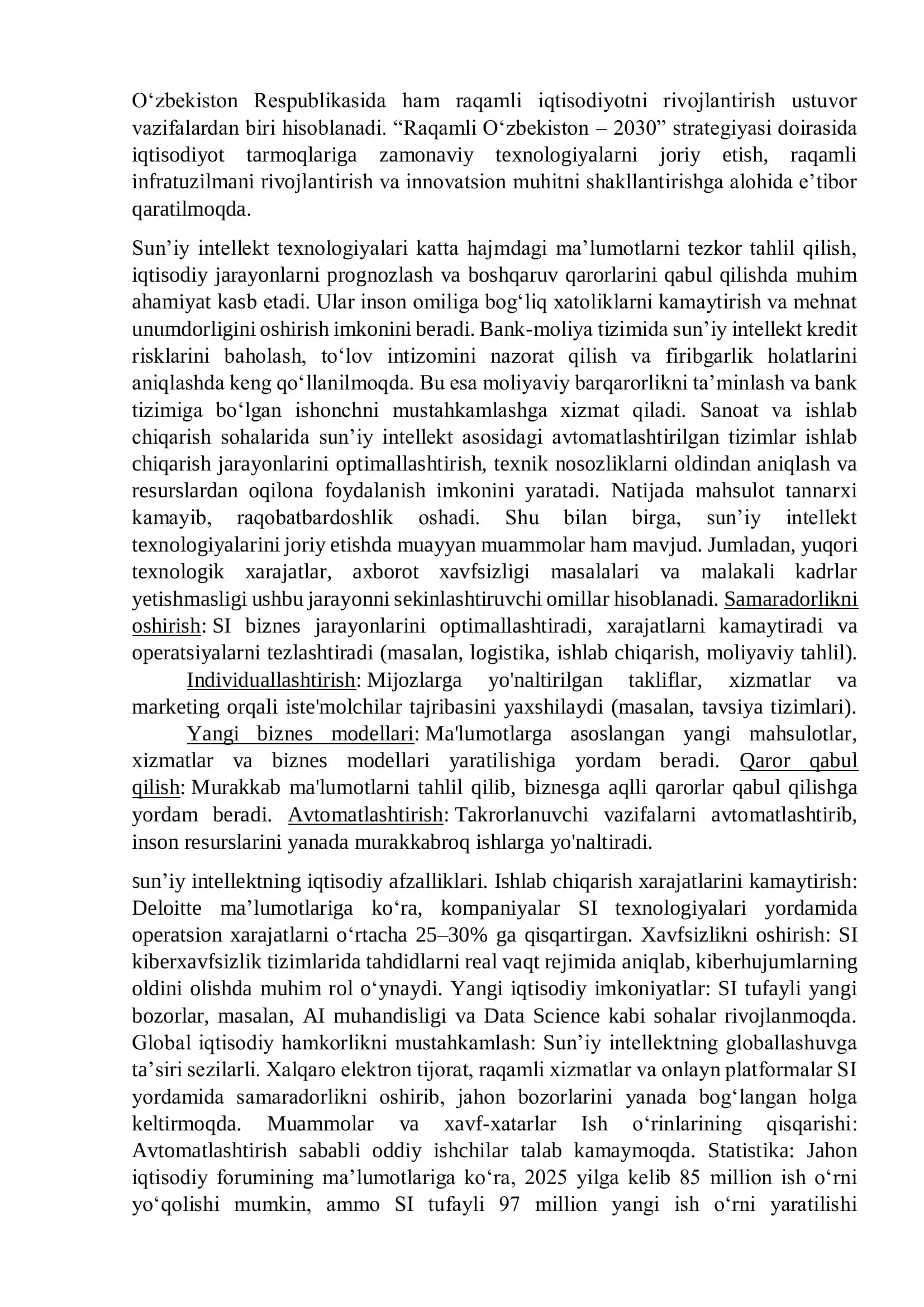 RAQAMLI IQTISODIYOTDA SUN’IY INTELLEKT TEXNOLOGIYALARINING O‘RNI 2