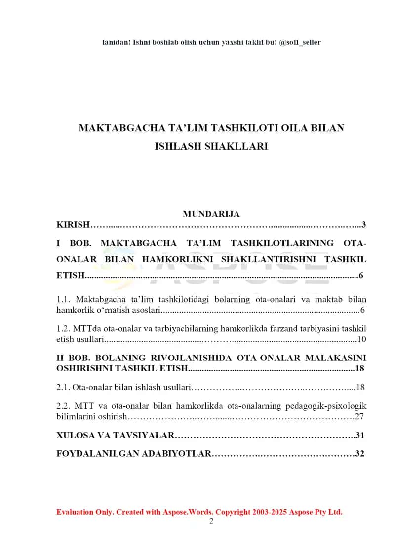 Maktabgacha ta’lim tashkiloti oila bilan ishlash shakllari 2