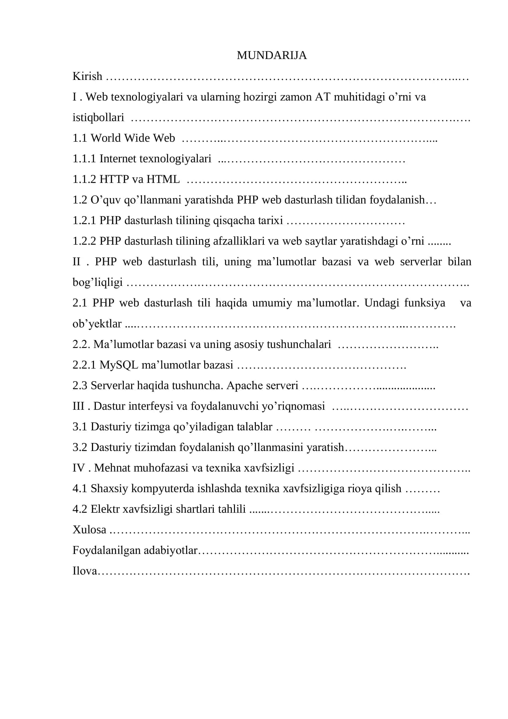 Ushbu bitiruv malakaviy ishi PHP web dasturlash tilini o’rgatuvchi elektron o’quv qo’llanma 2