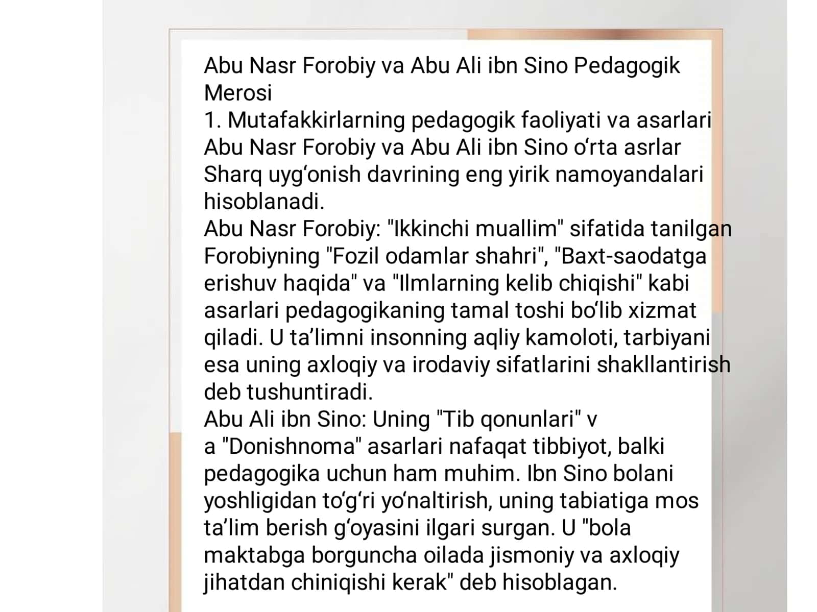 Abu Nasr Forobiy va Abu Ali ibn Sino Pedagogik Merosi 2